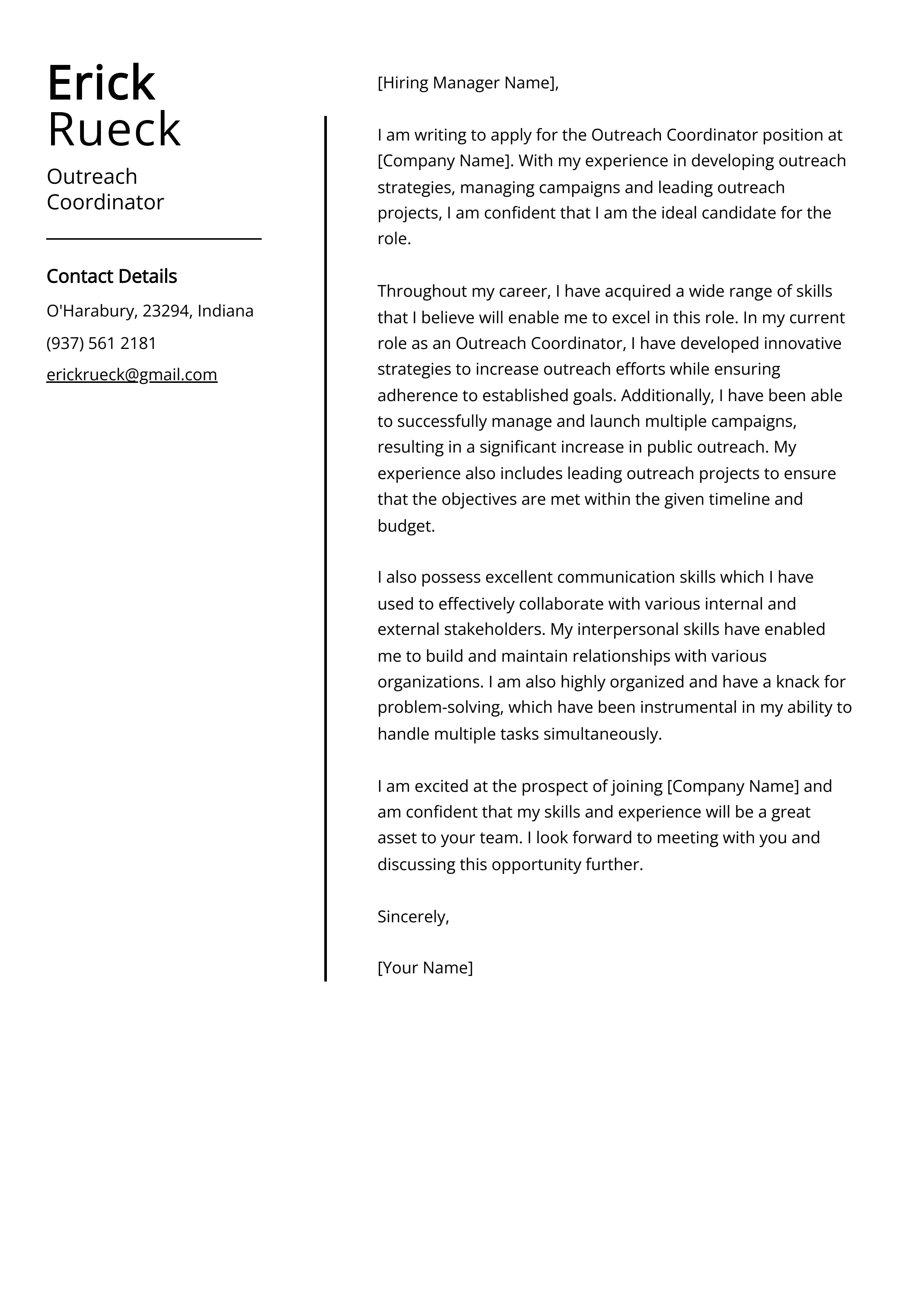 Outreach Coordinator Cover Letter Example