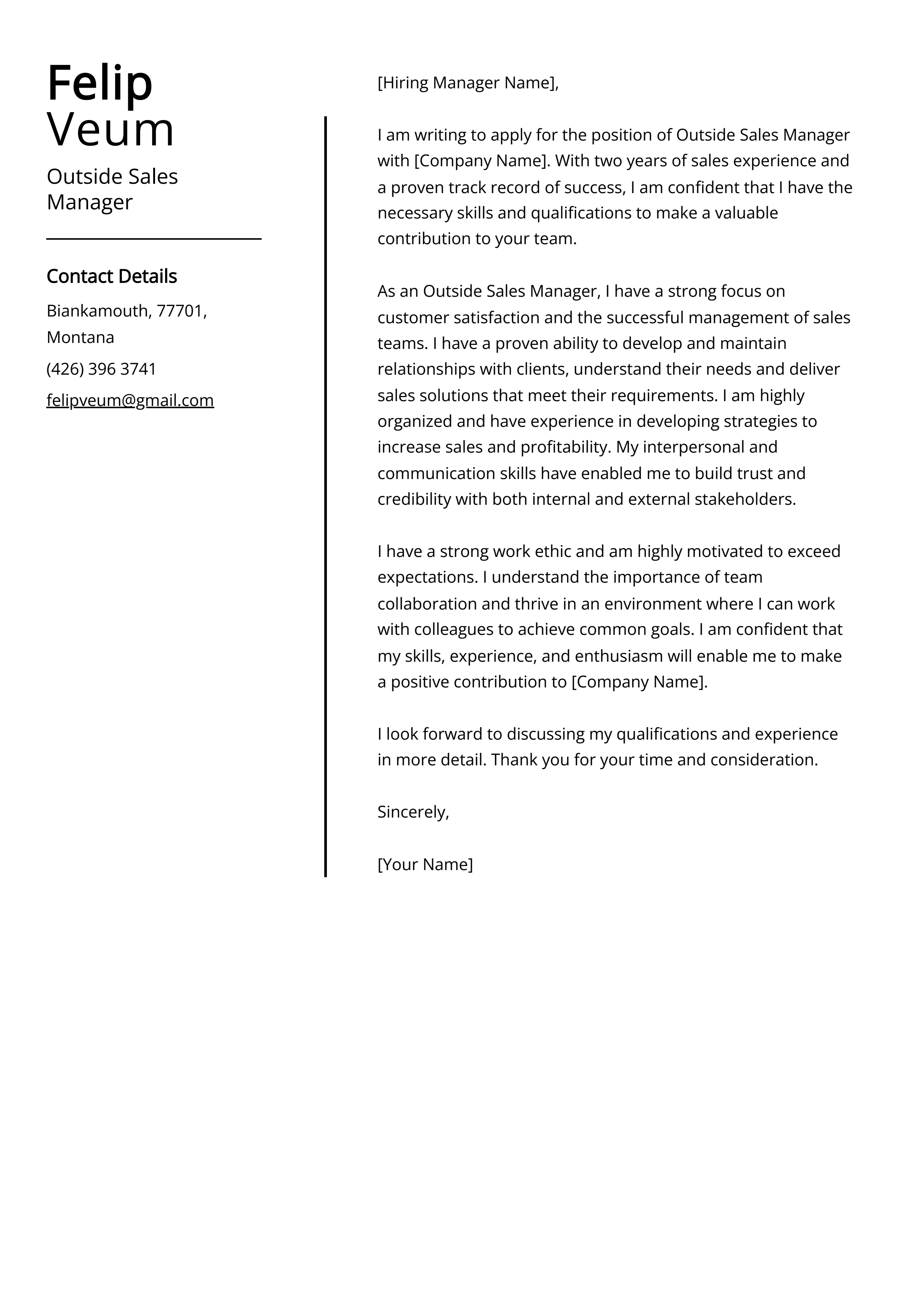 Outside Sales Manager Cover Letter Example