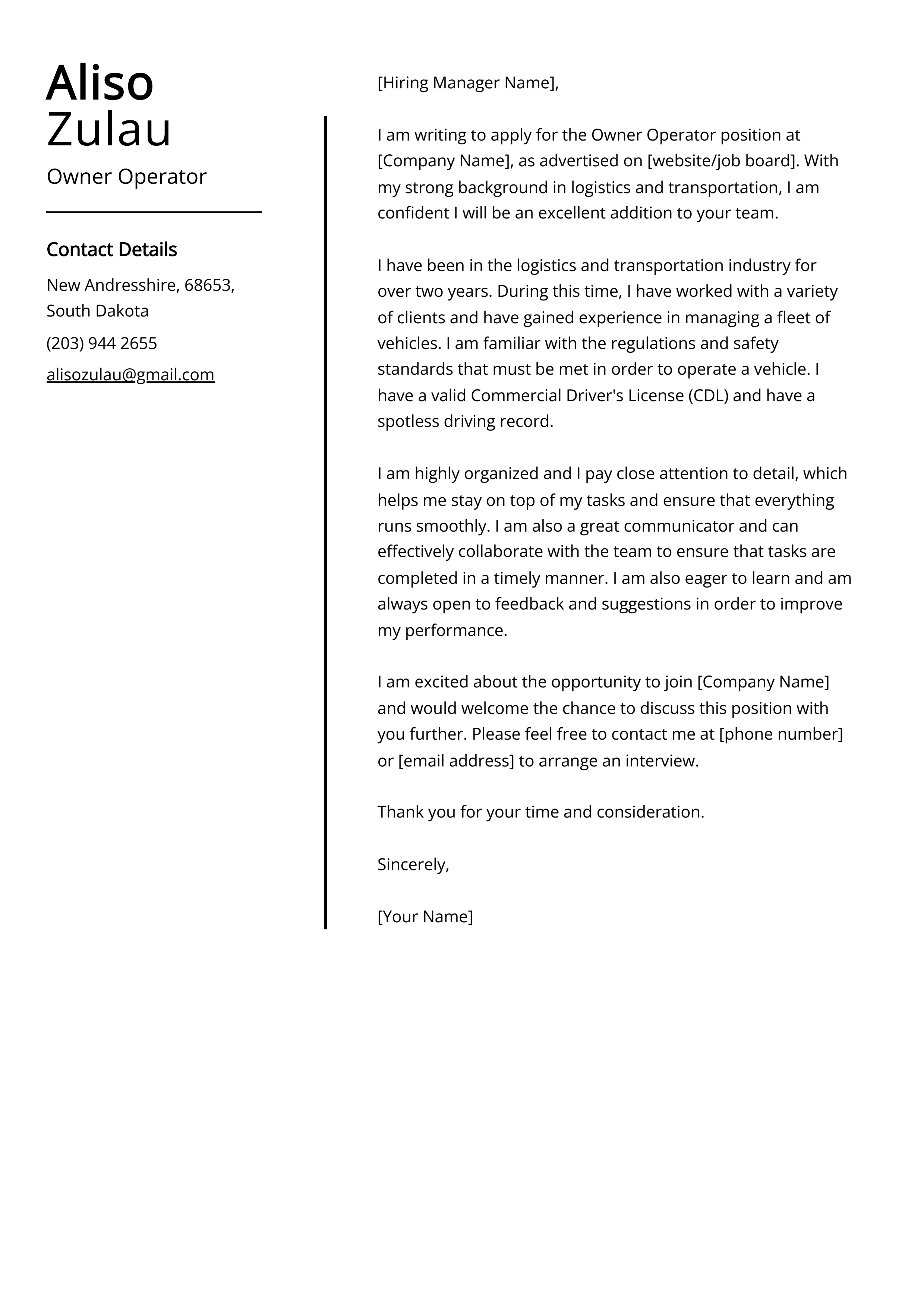 Owner Operator Cover Letter Example