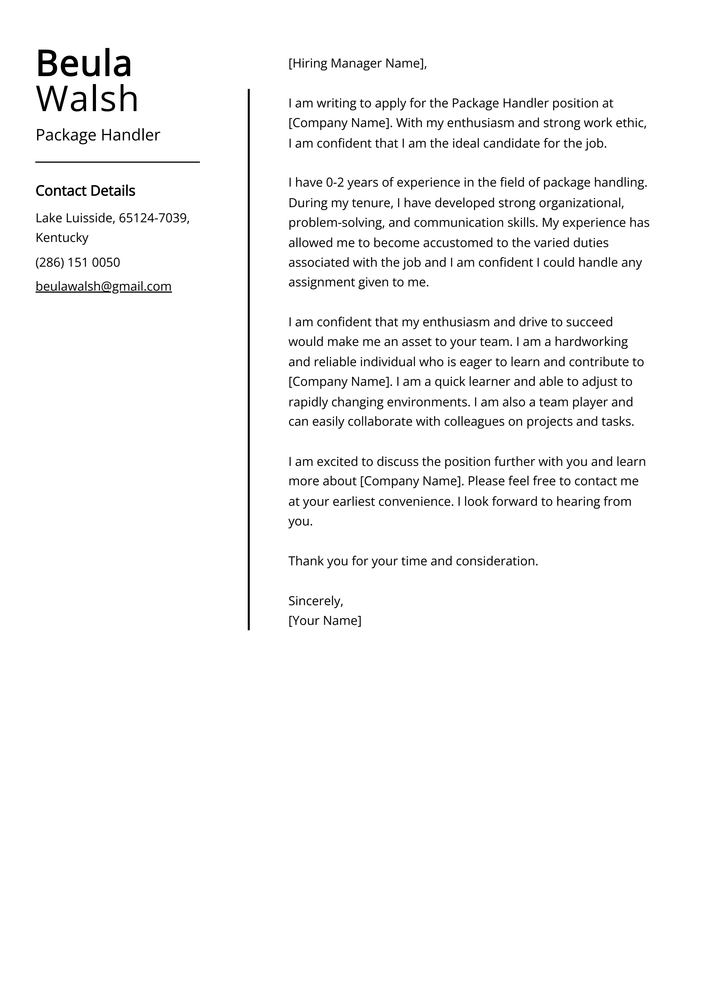 Package Handler Cover Letter Example
