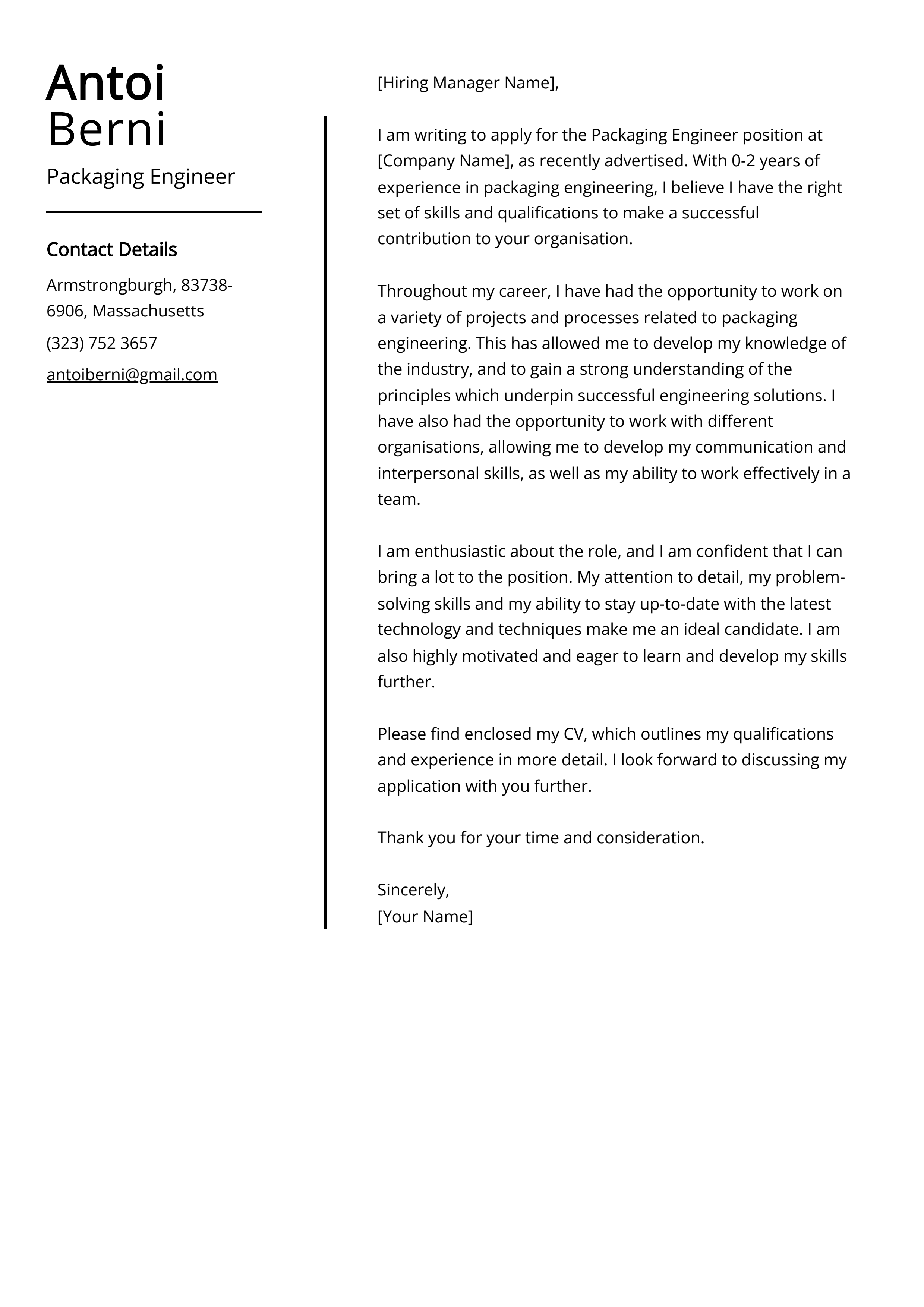Packaging Engineer Cover Letter Example
