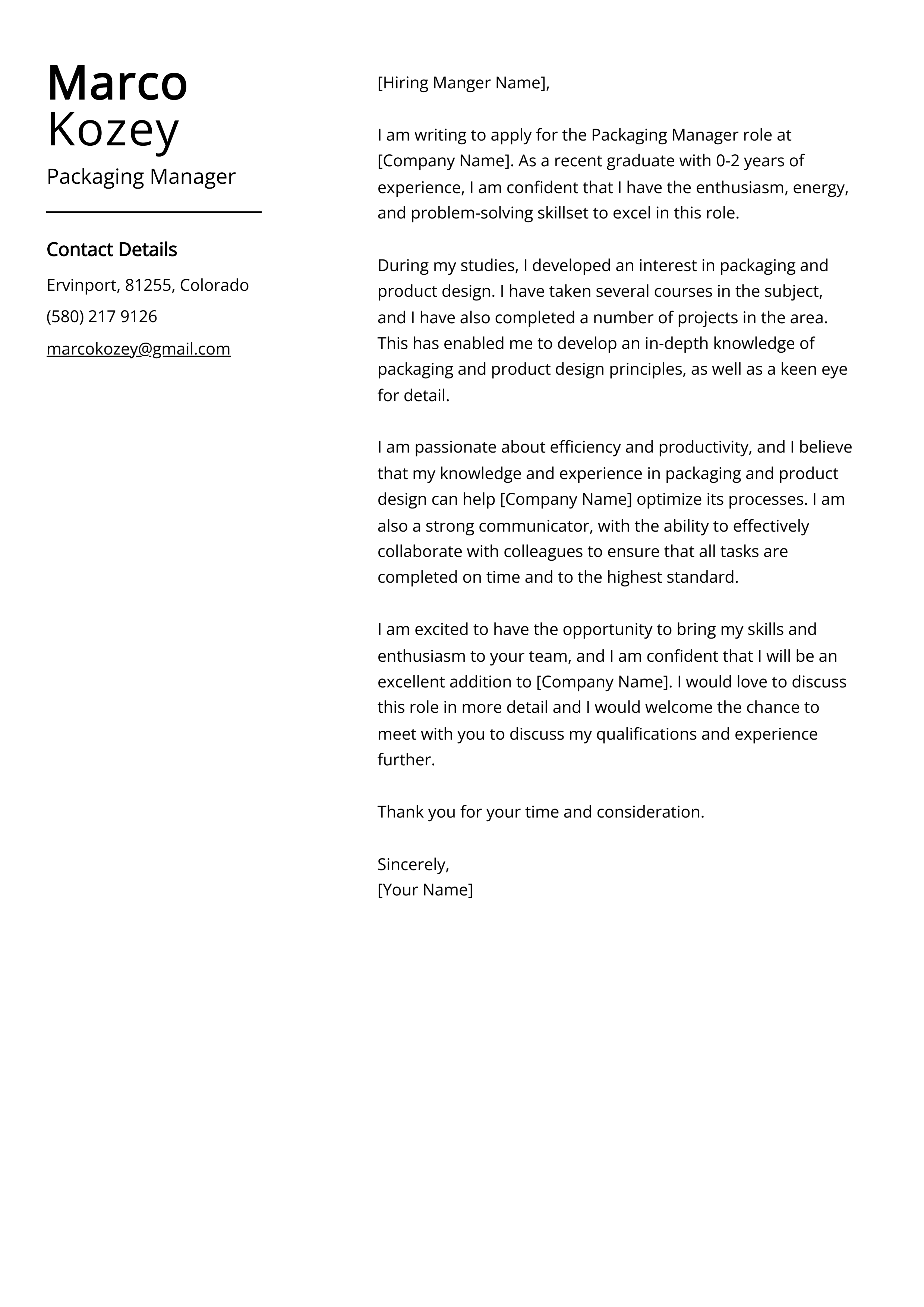 Packaging Manager Cover Letter Example