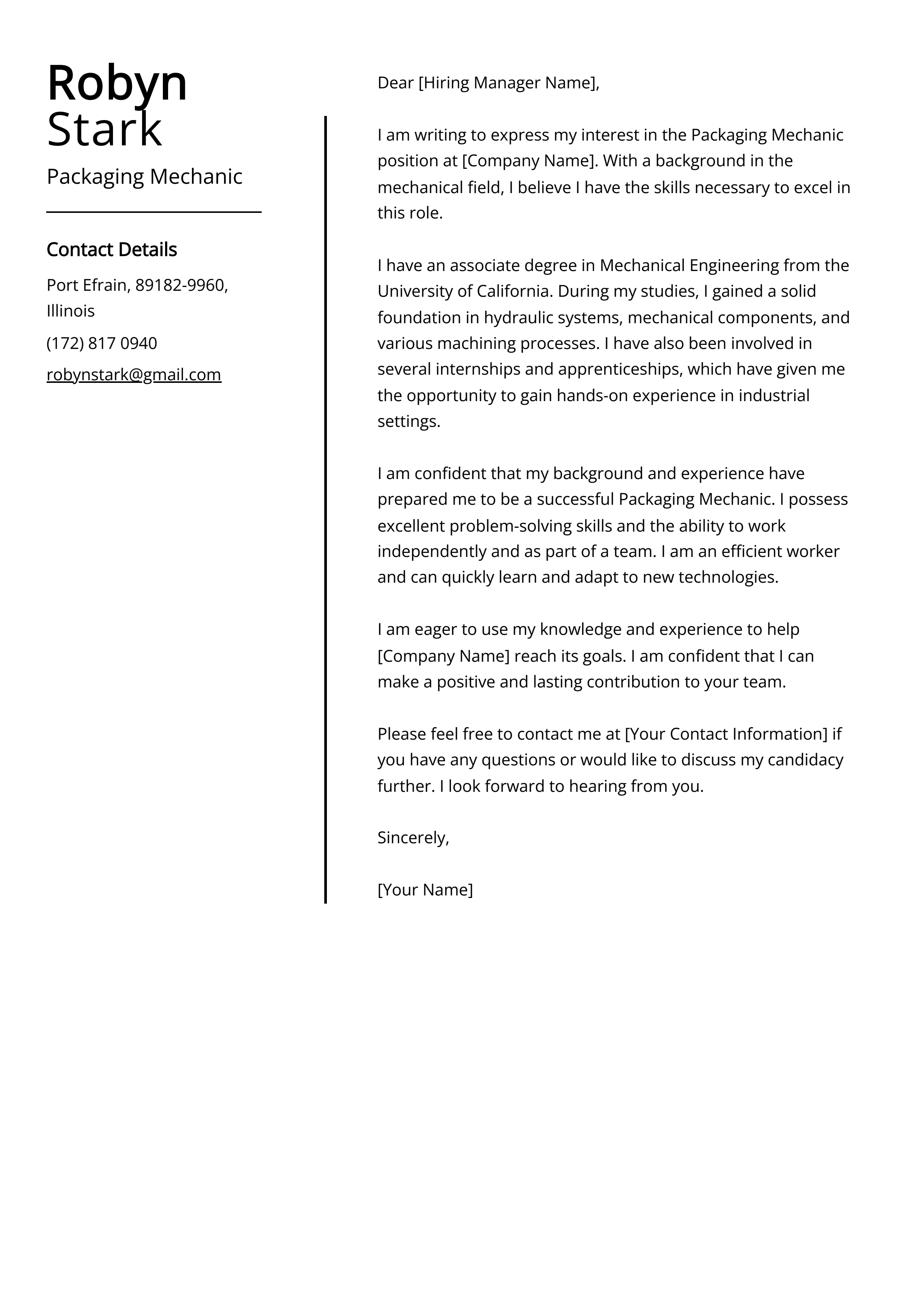 Packaging Mechanic Cover Letter Example