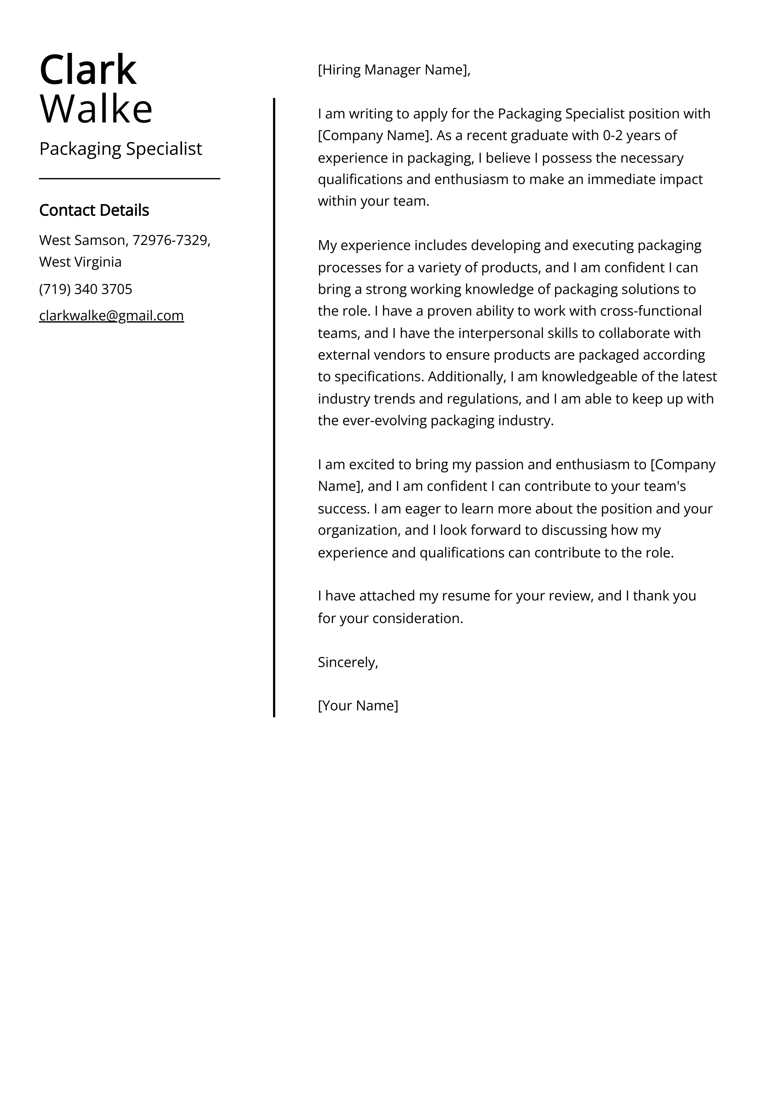 Packaging Specialist Cover Letter Example