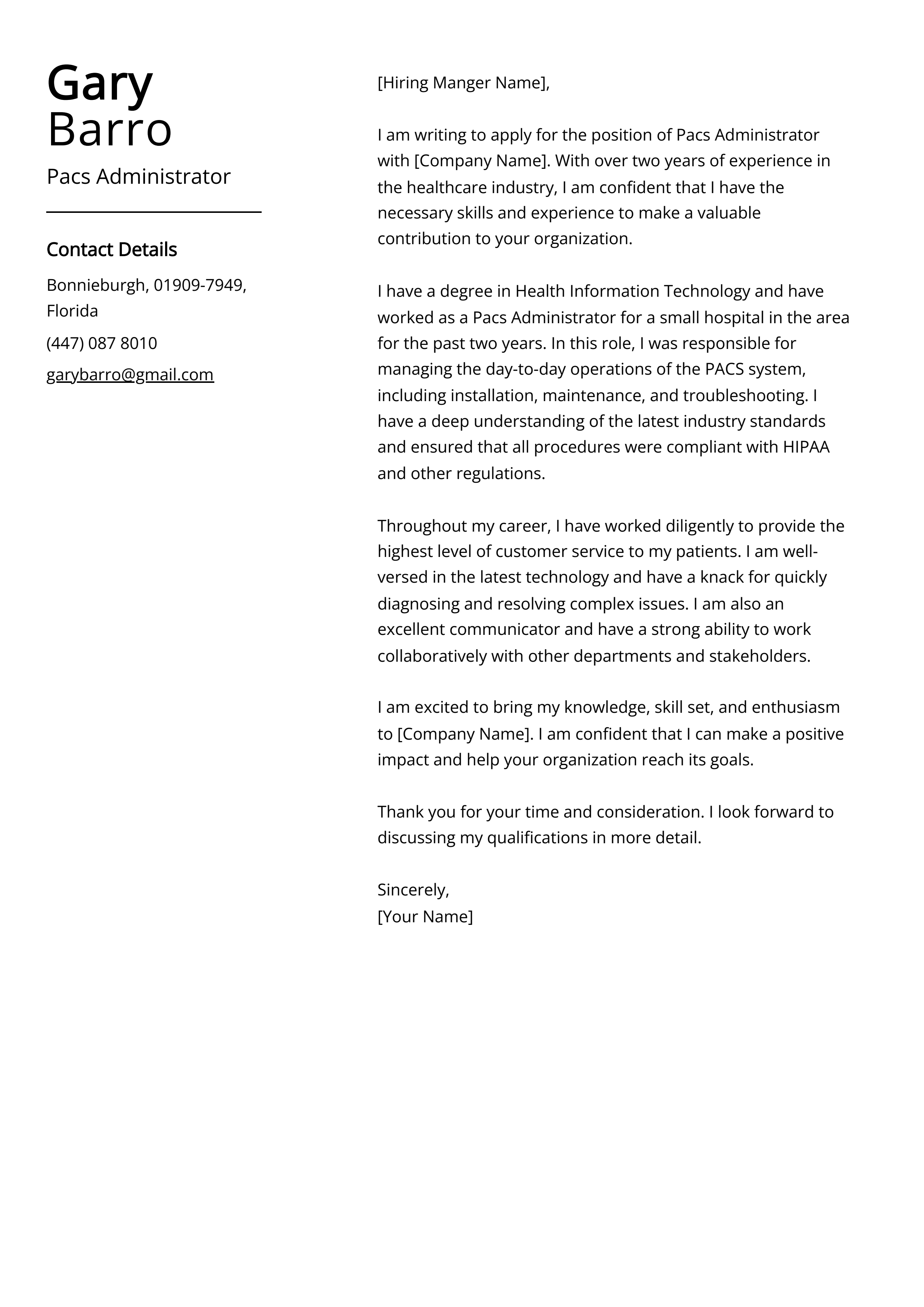 Pacs Administrator Cover Letter Example