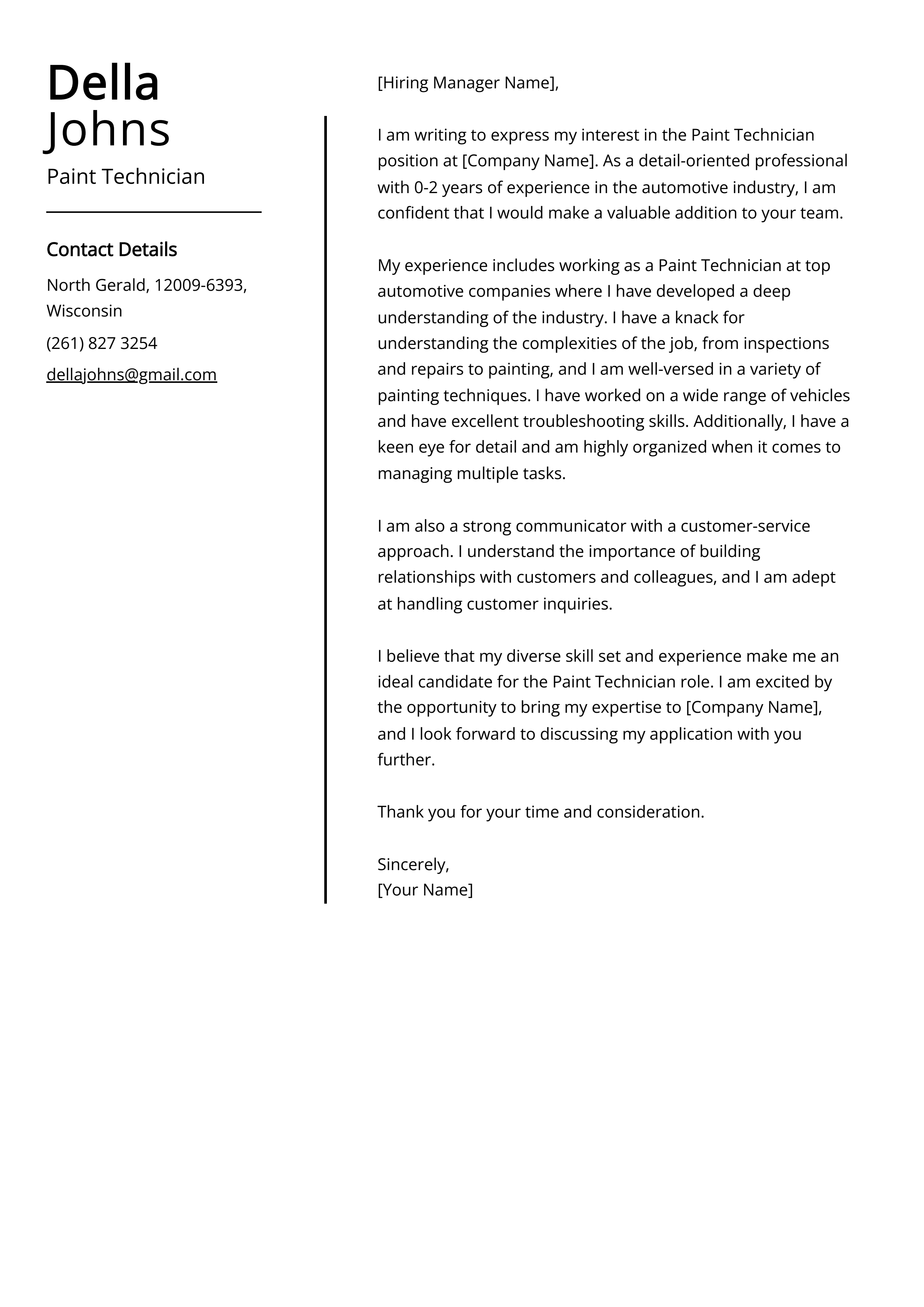 Paint Technician Cover Letter Example