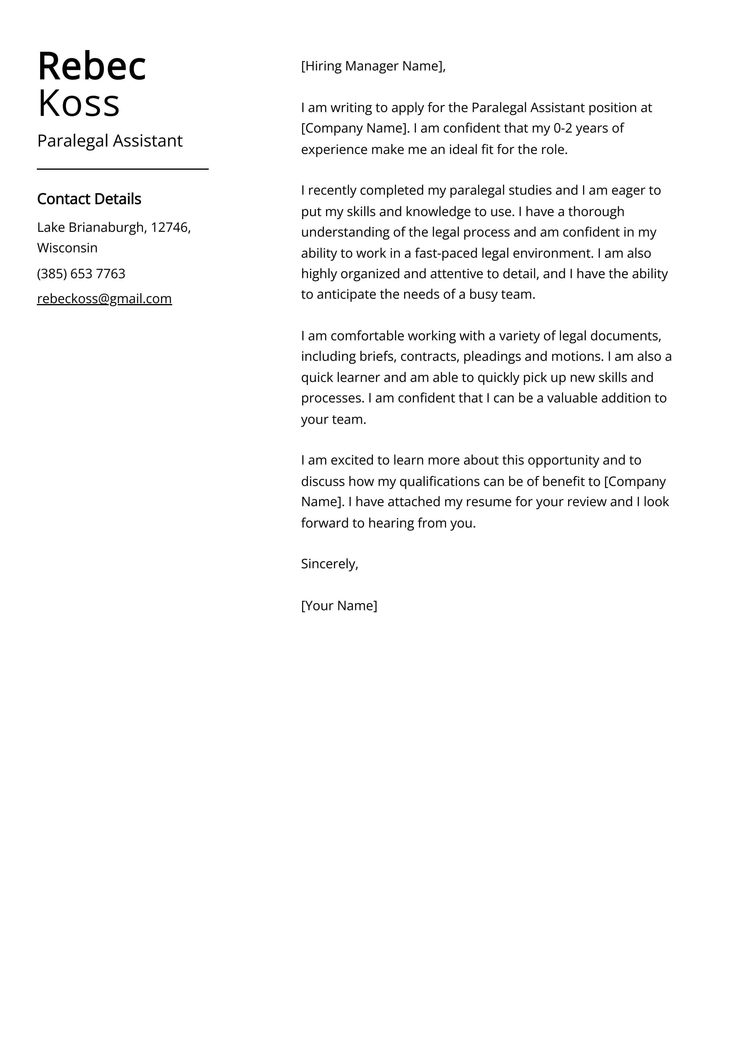 Paralegal Assistant Cover Letter Example