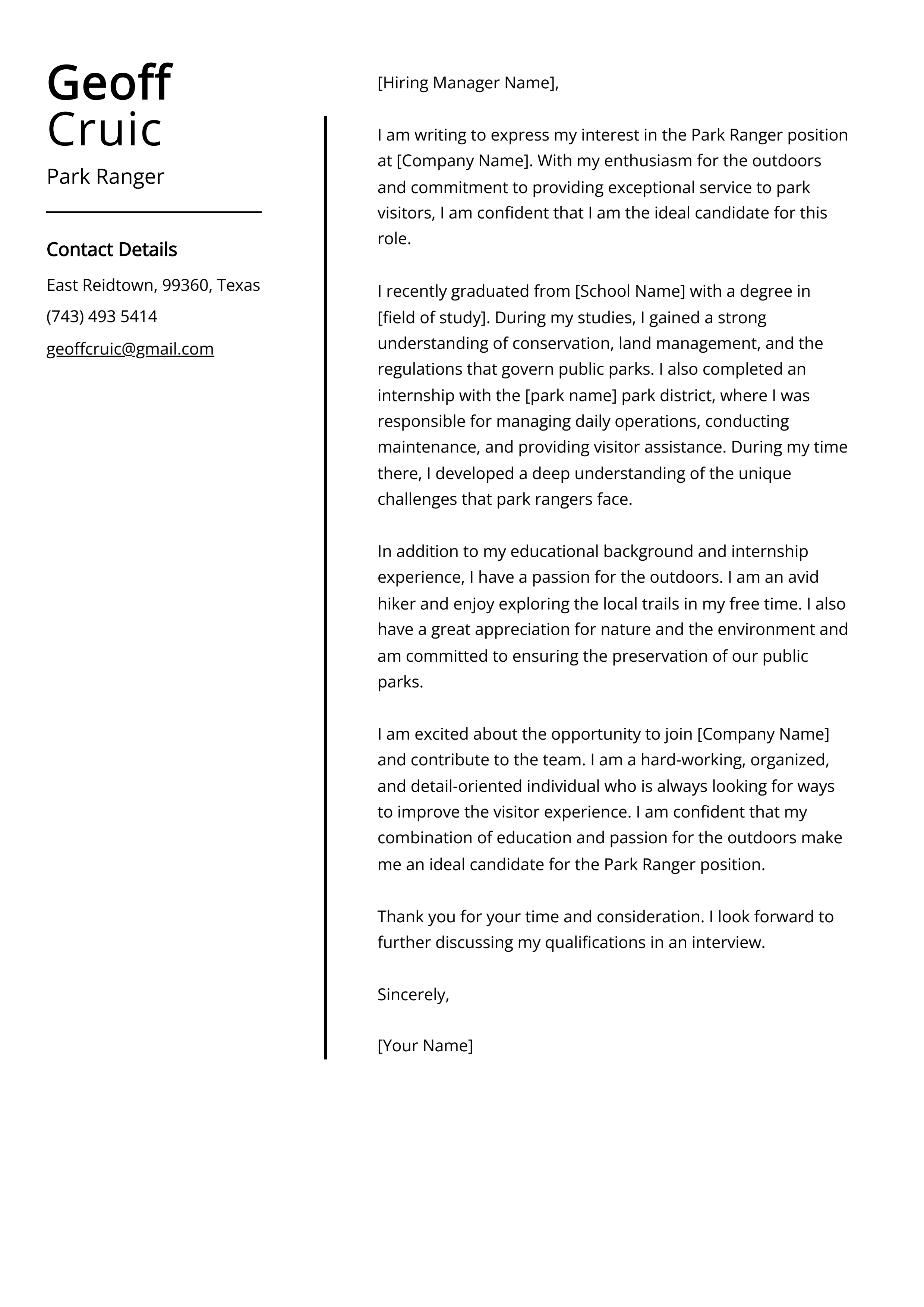 Park Ranger Cover Letter Example