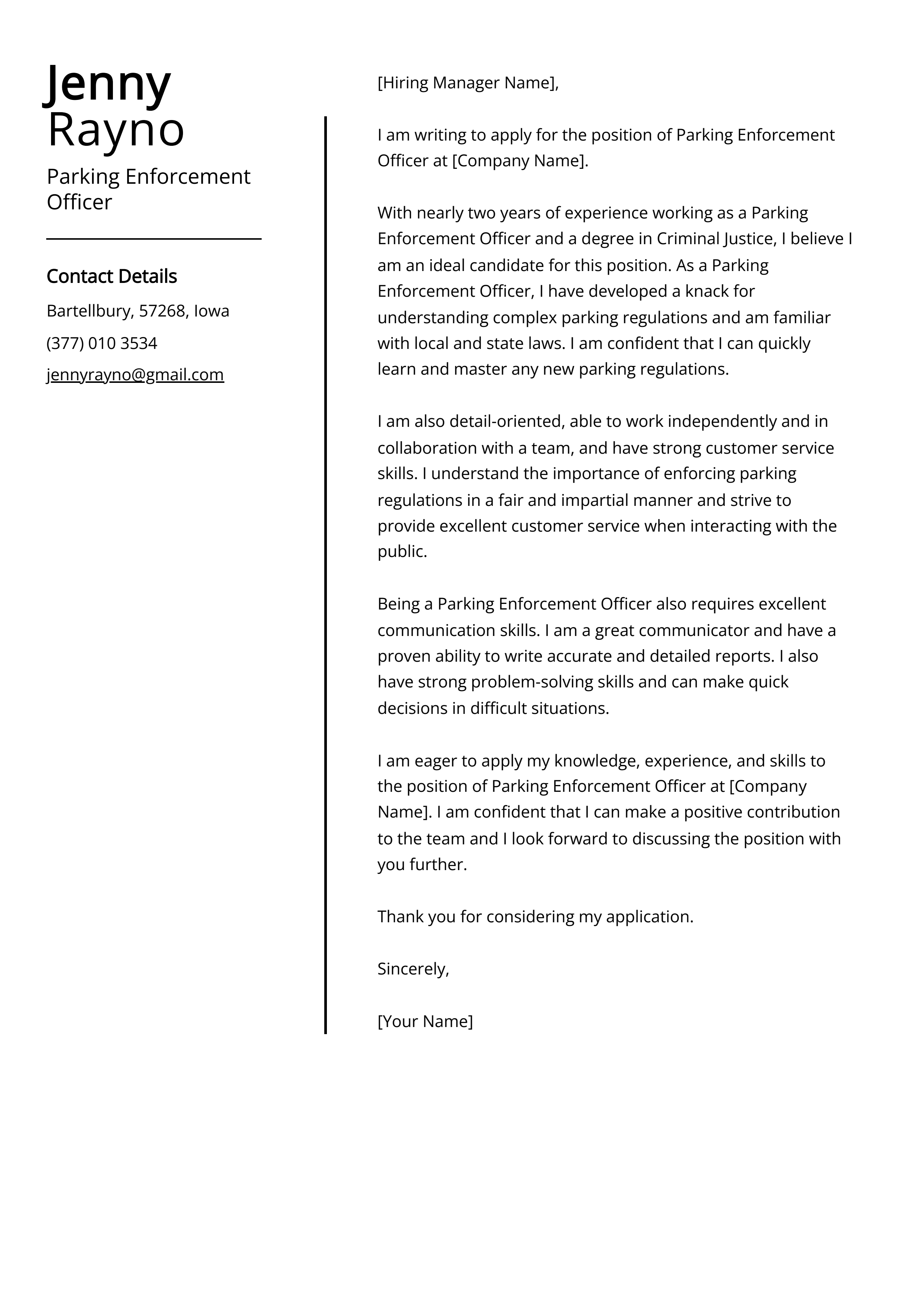 Parking Enforcement Officer Cover Letter Example