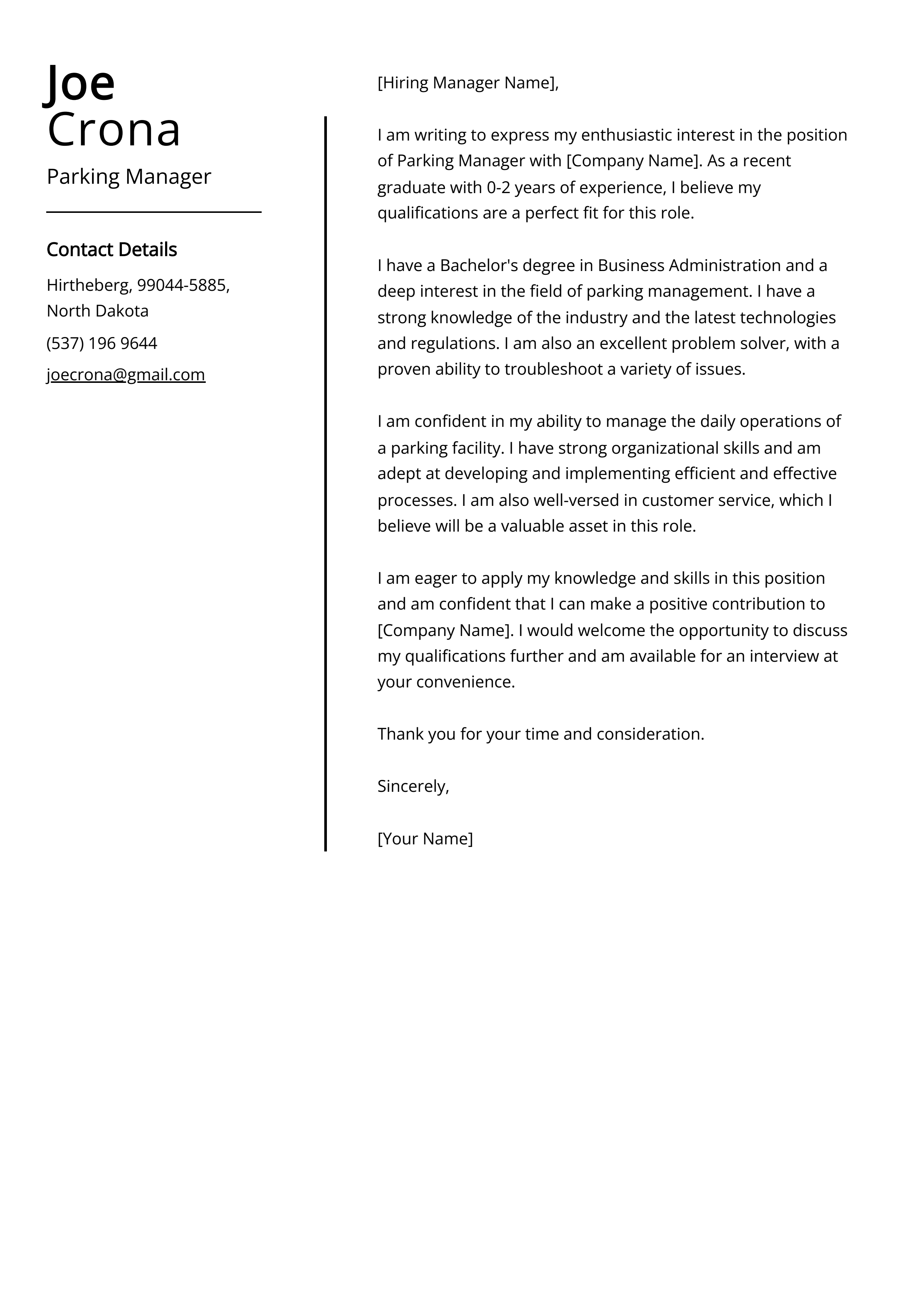 Parking Manager Cover Letter Example