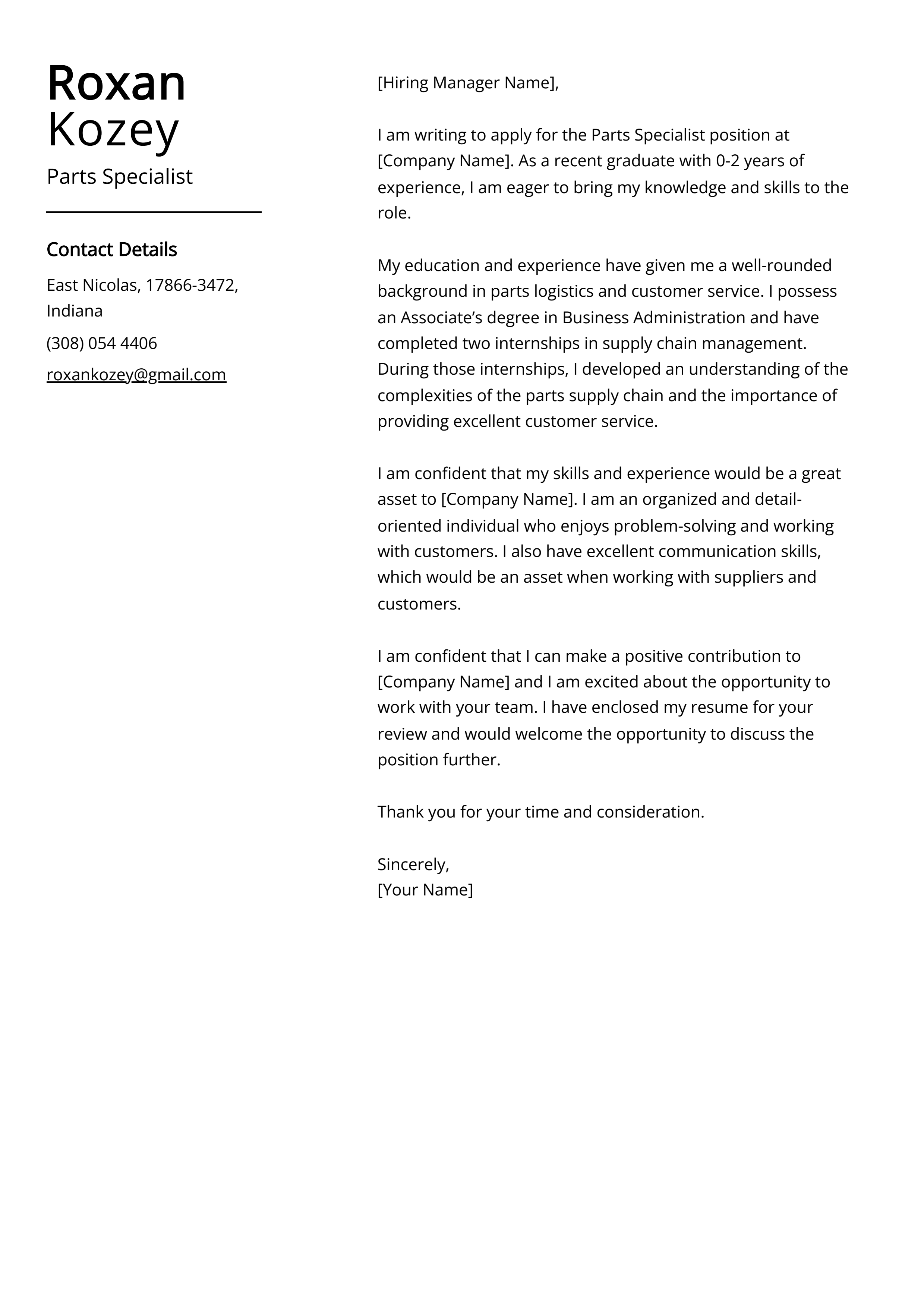 Parts Specialist Cover Letter Example