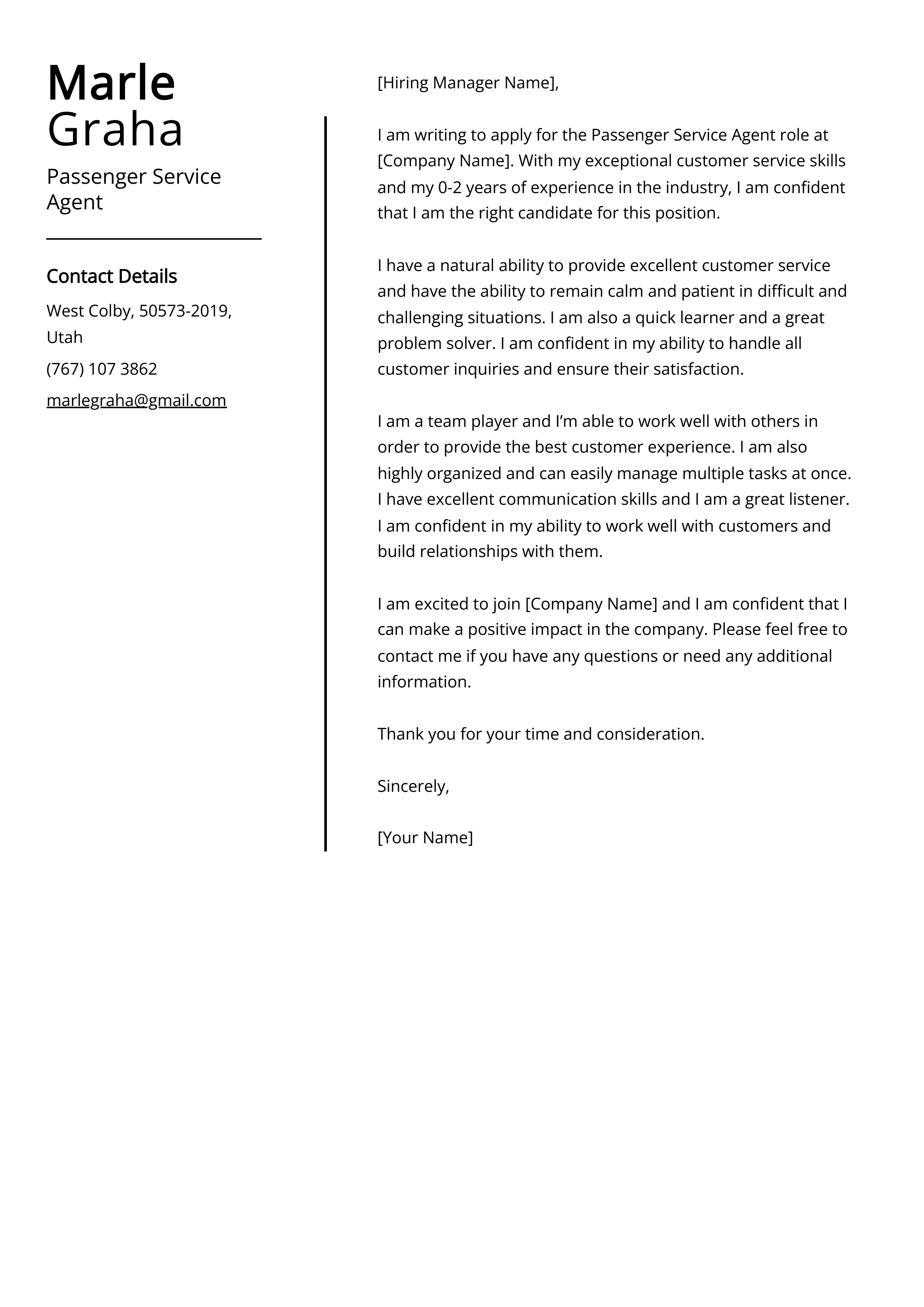 Passenger Service Agent Cover Letter Example