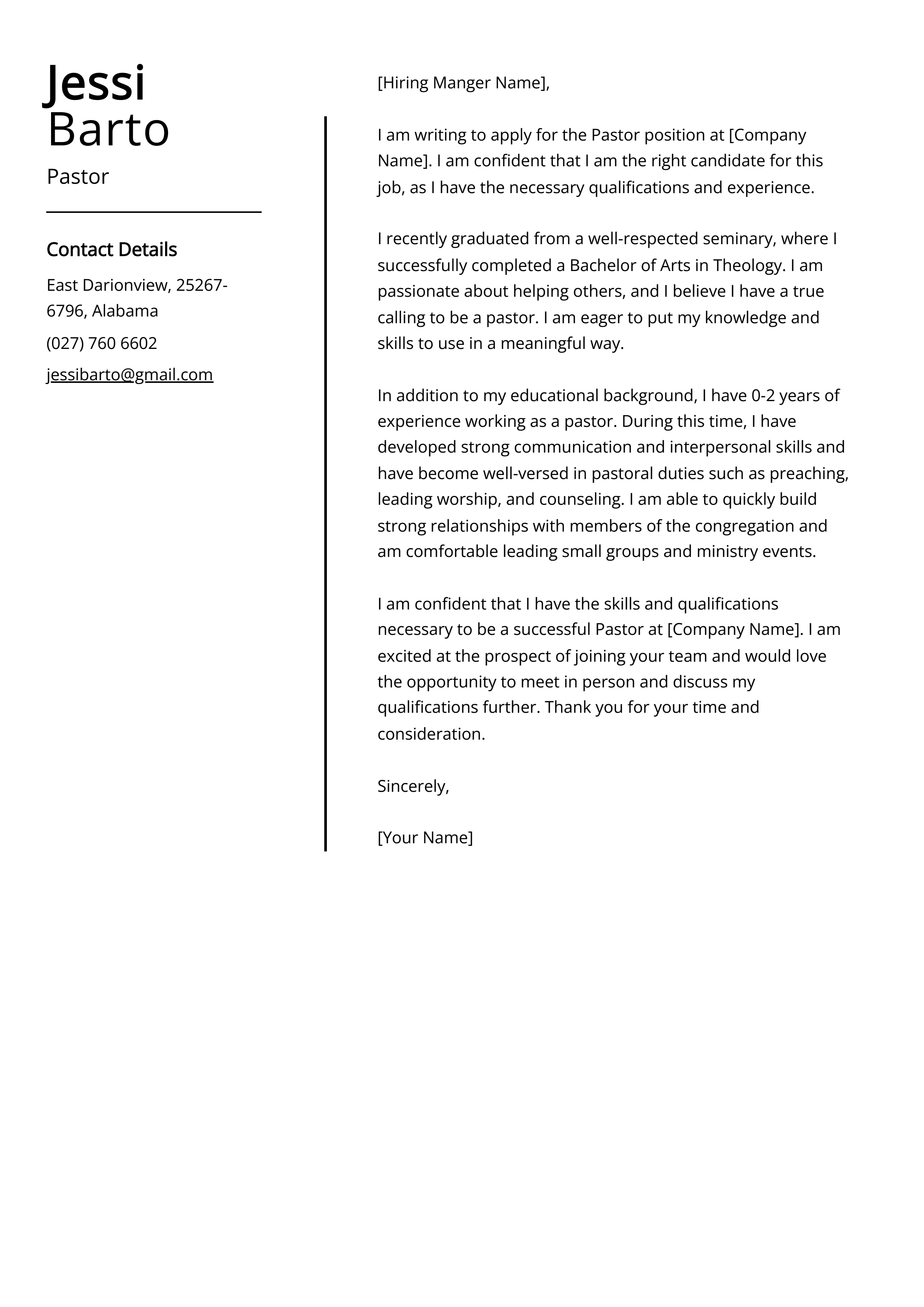 Pastor Cover Letter Example