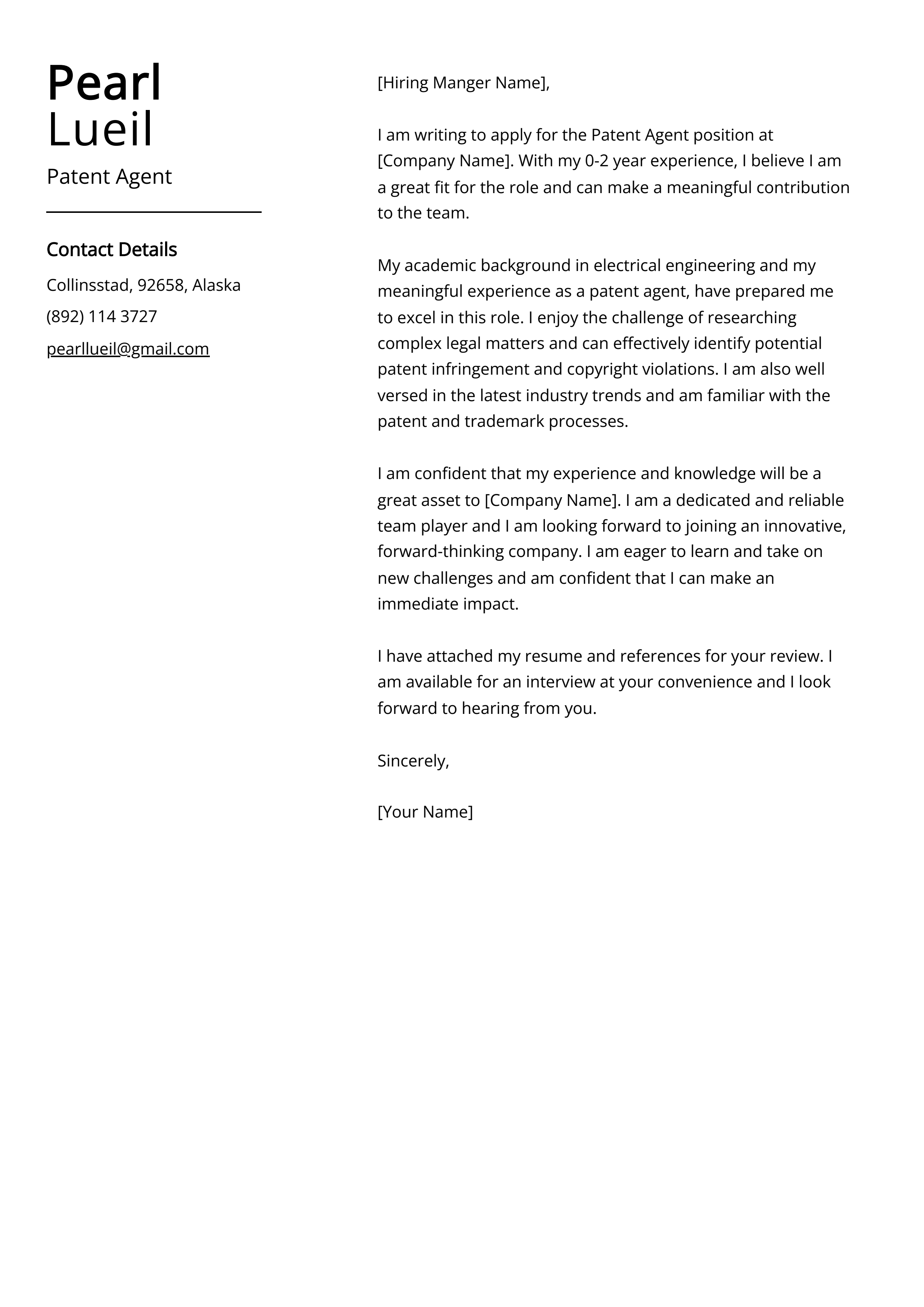 Patent Agent Cover Letter Example