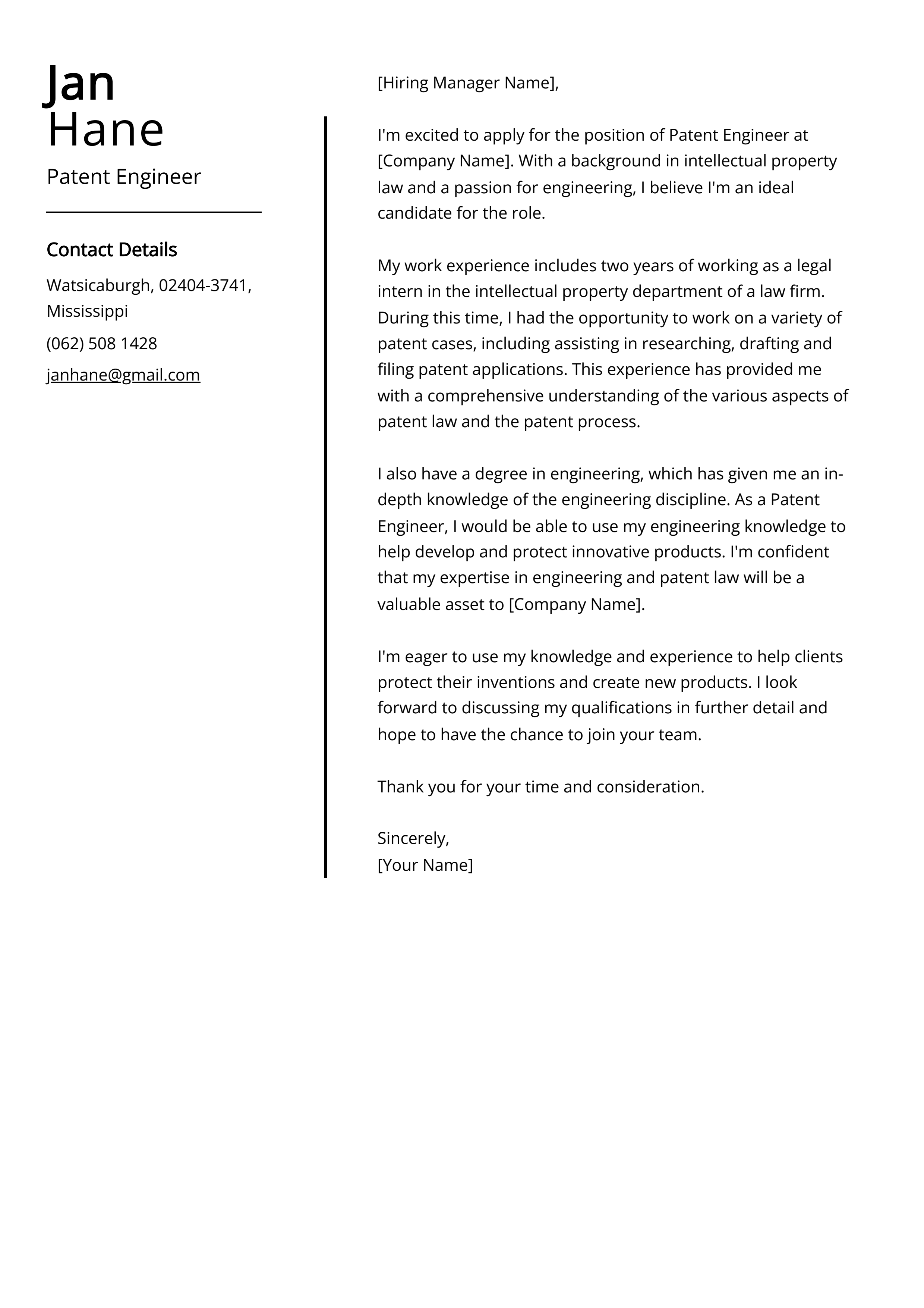 Patent Engineer Cover Letter Example