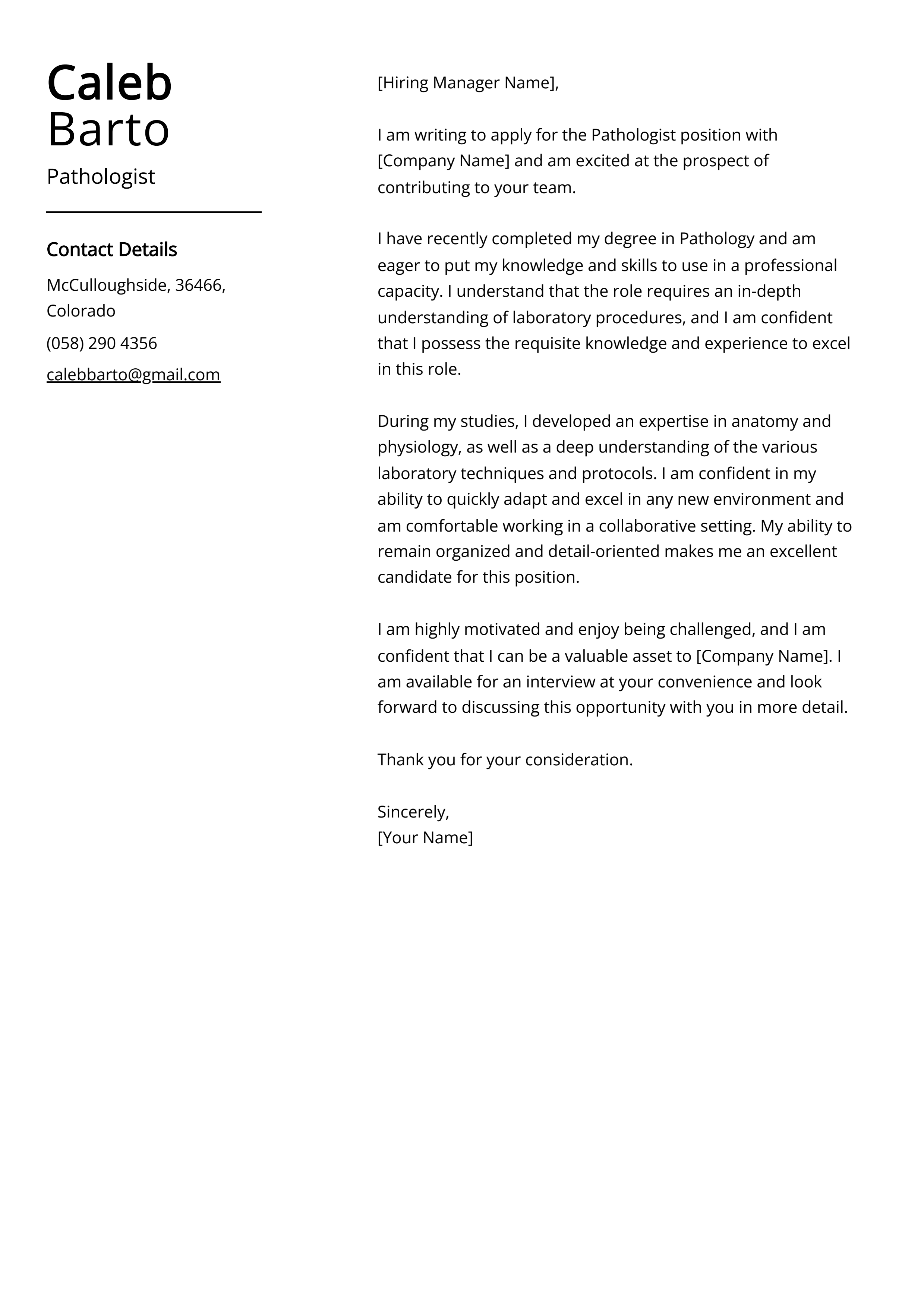 Pathologist Cover Letter Example
