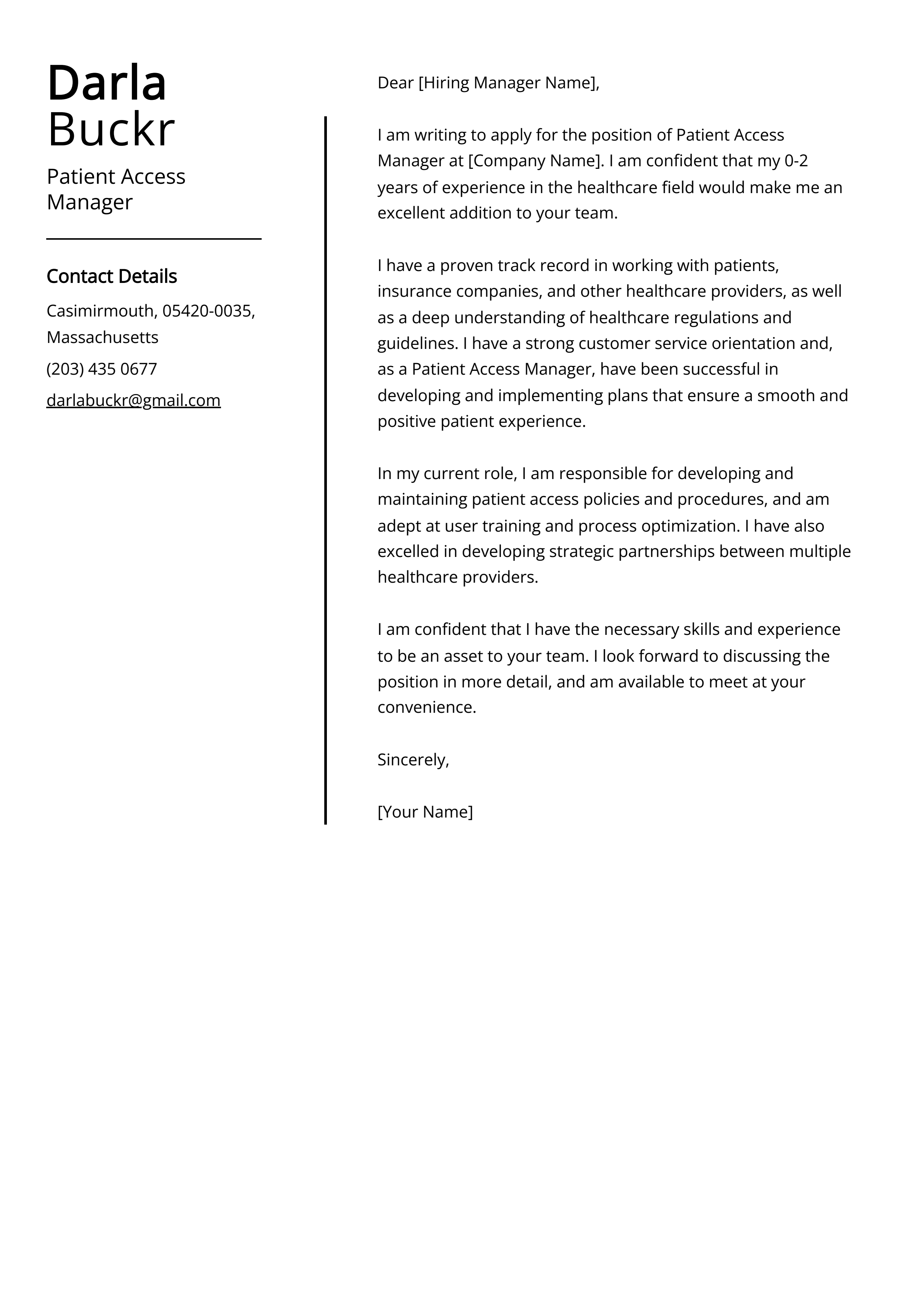 Patient Access Manager Cover Letter Example