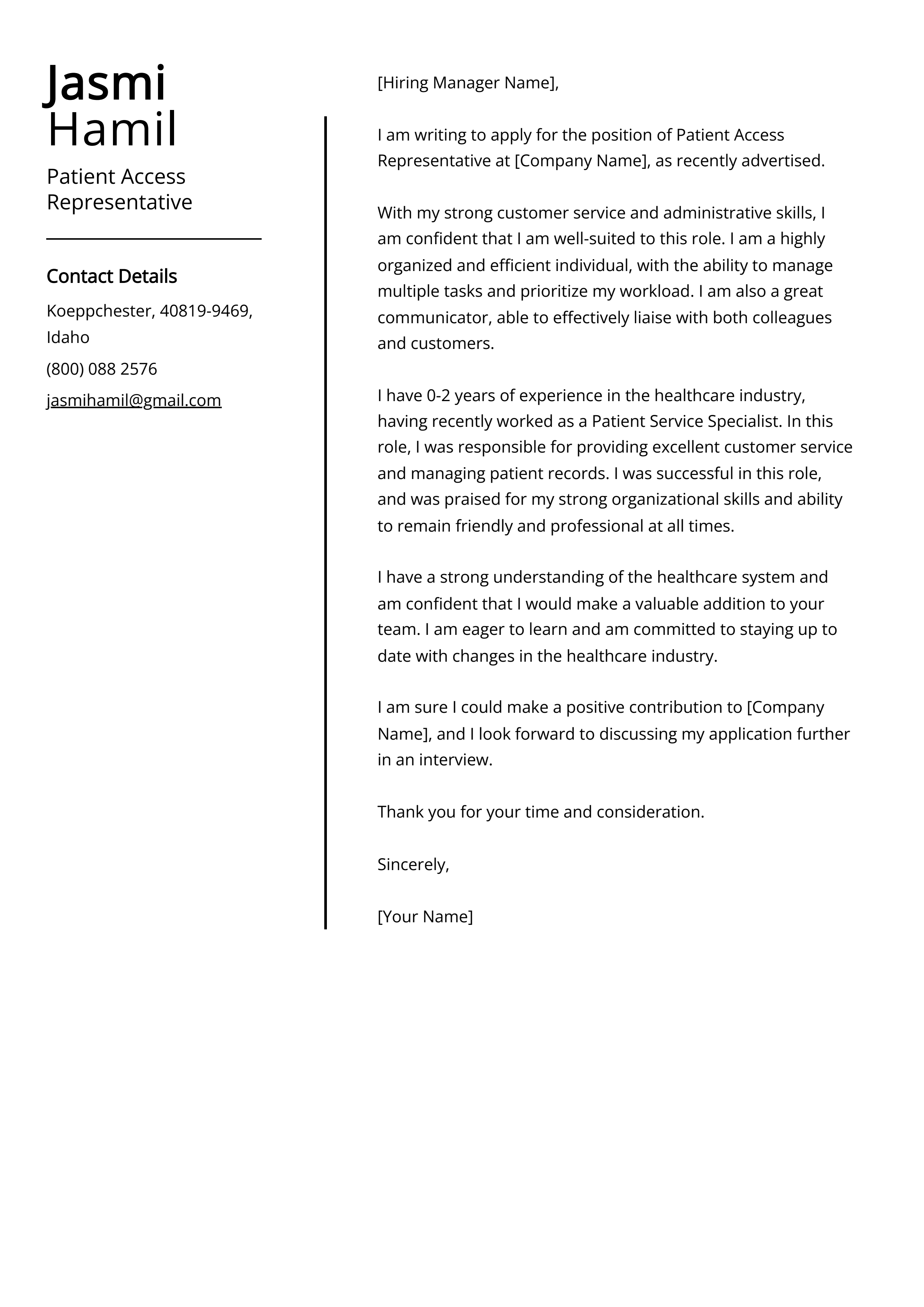 Patient Access Representative Cover Letter Example