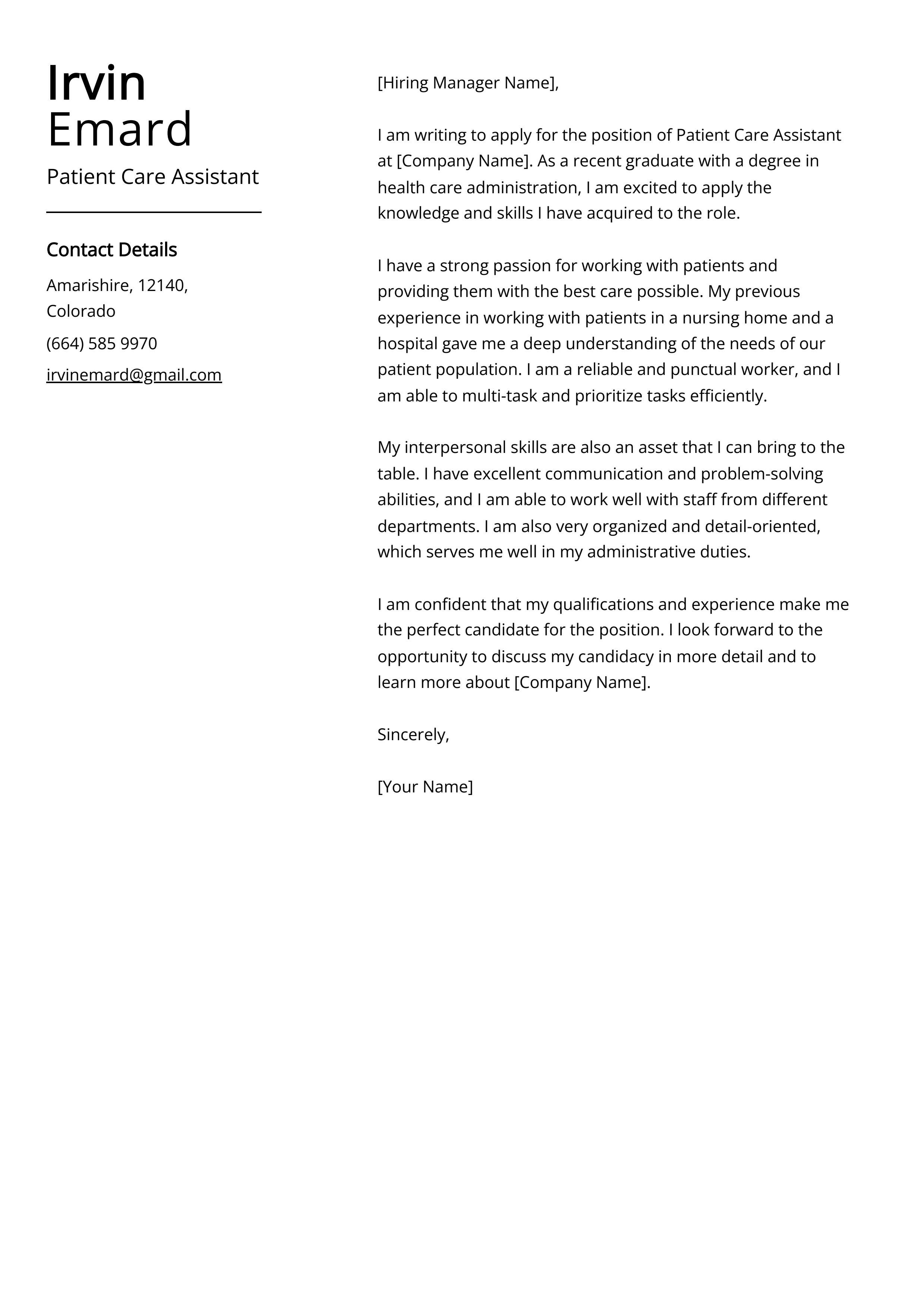 Patient Care Assistant Cover Letter Example