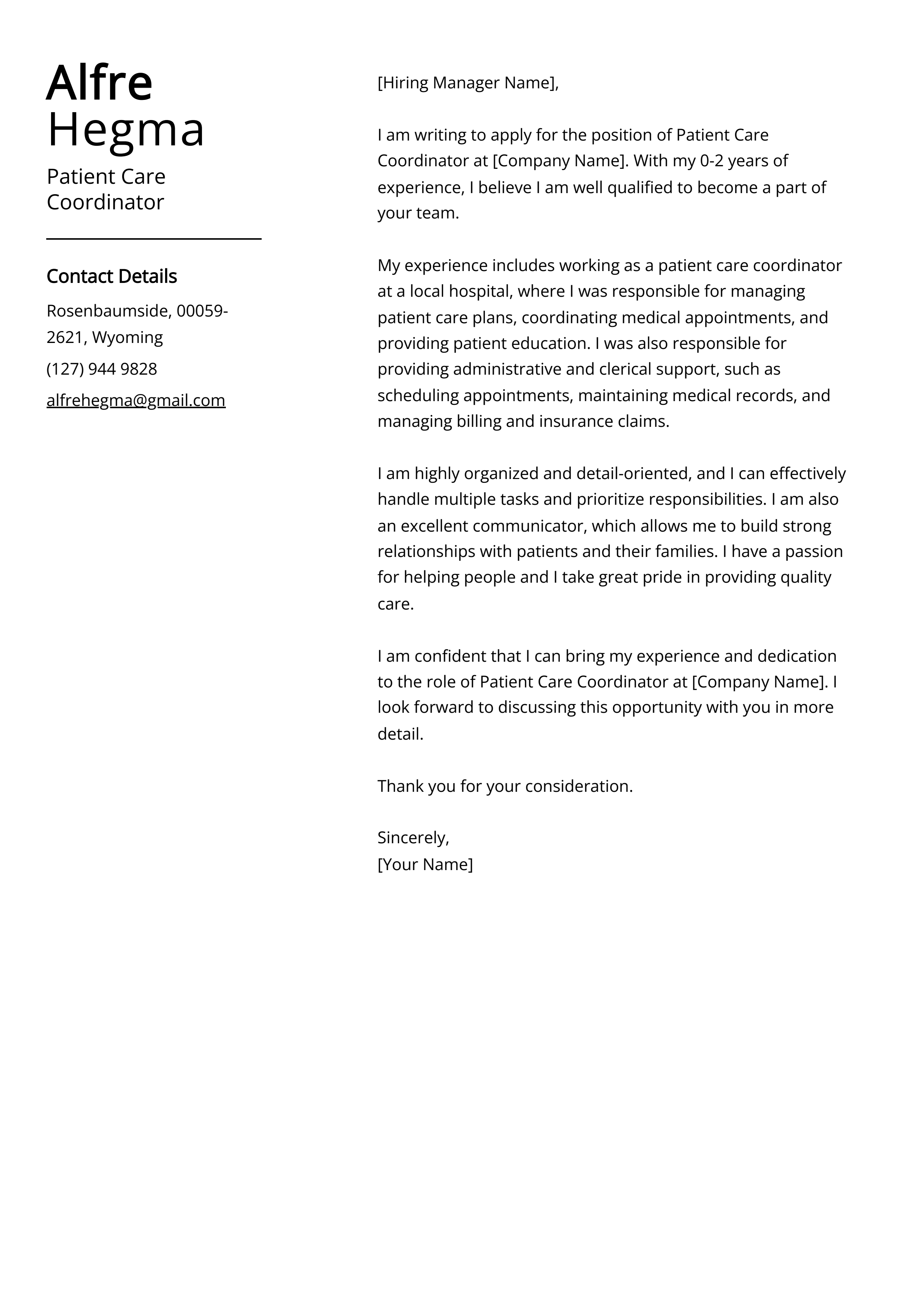 Patient Care Coordinator Cover Letter Example