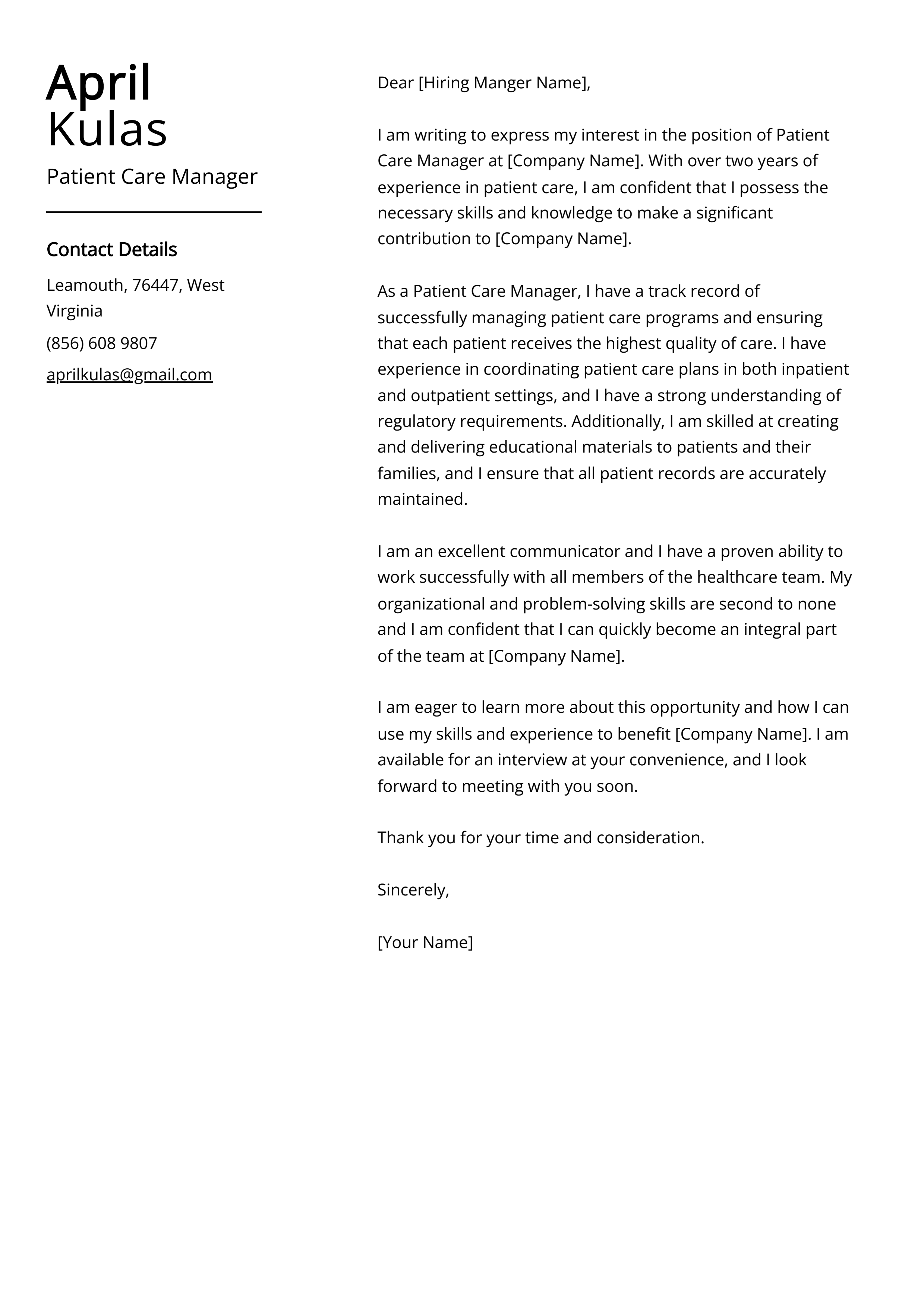 Patient Care Manager Cover Letter Example