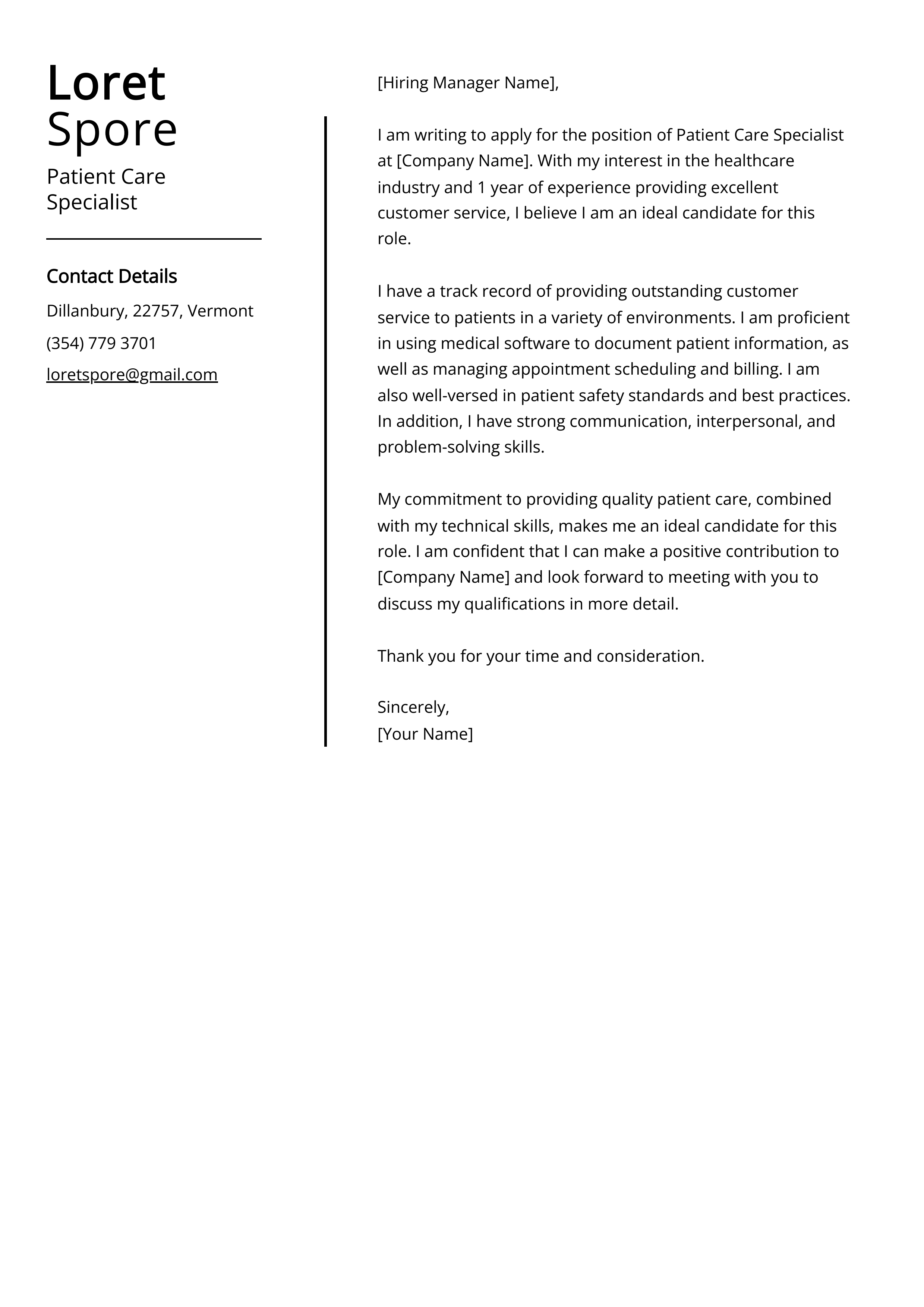 Patient Care Specialist Cover Letter Example
