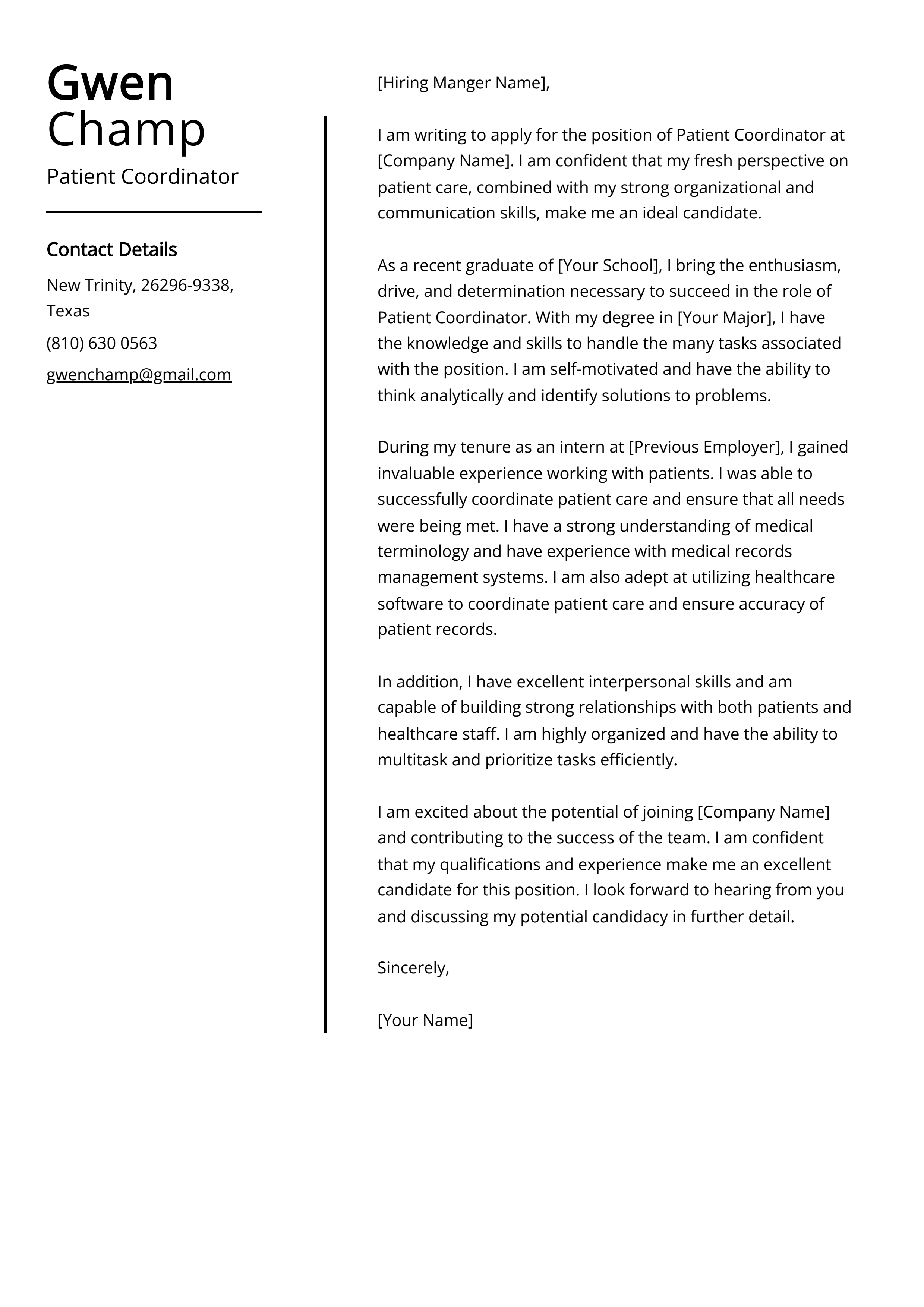 Patient Coordinator Cover Letter Example