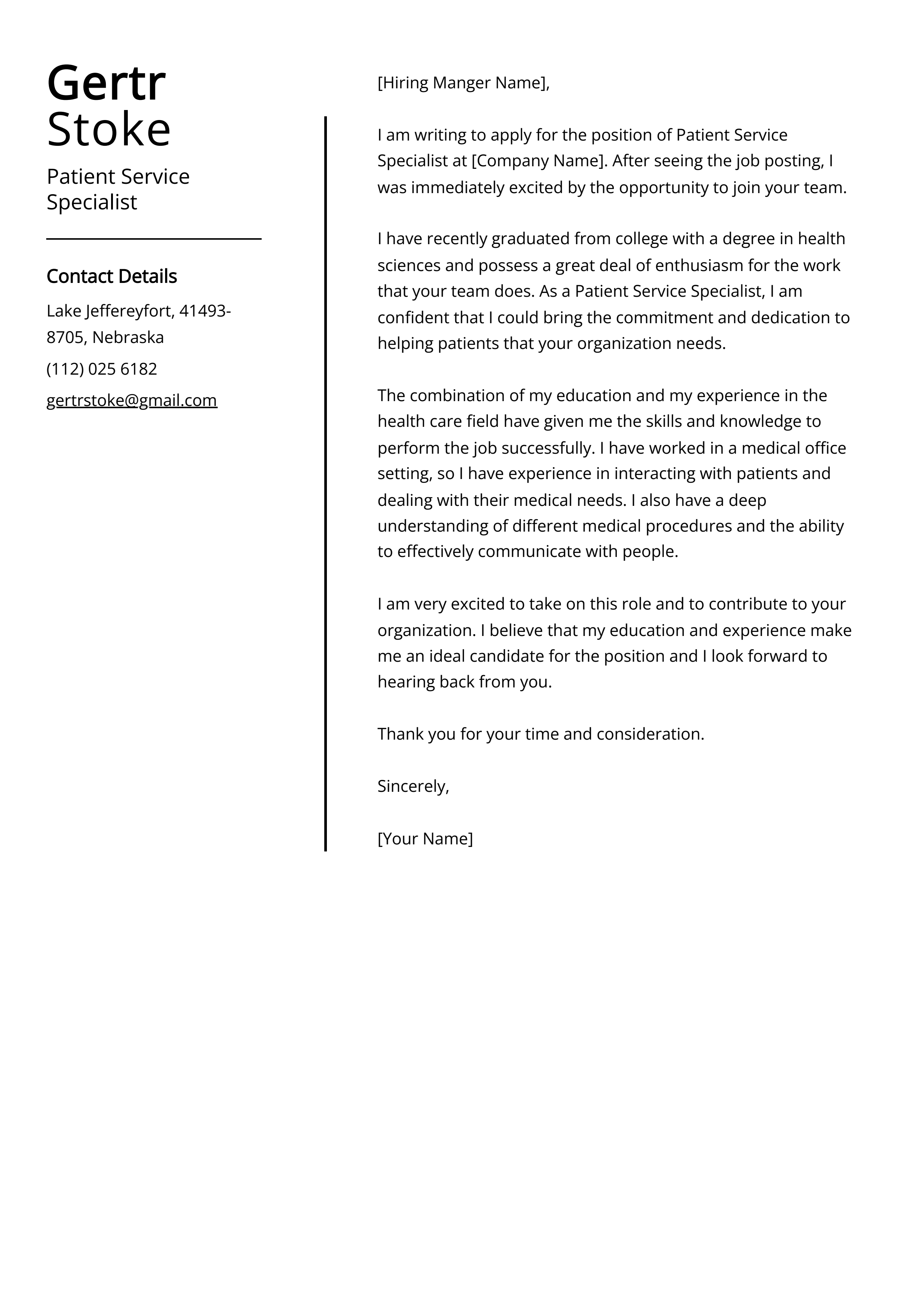 Patient Service Specialist Cover Letter Example