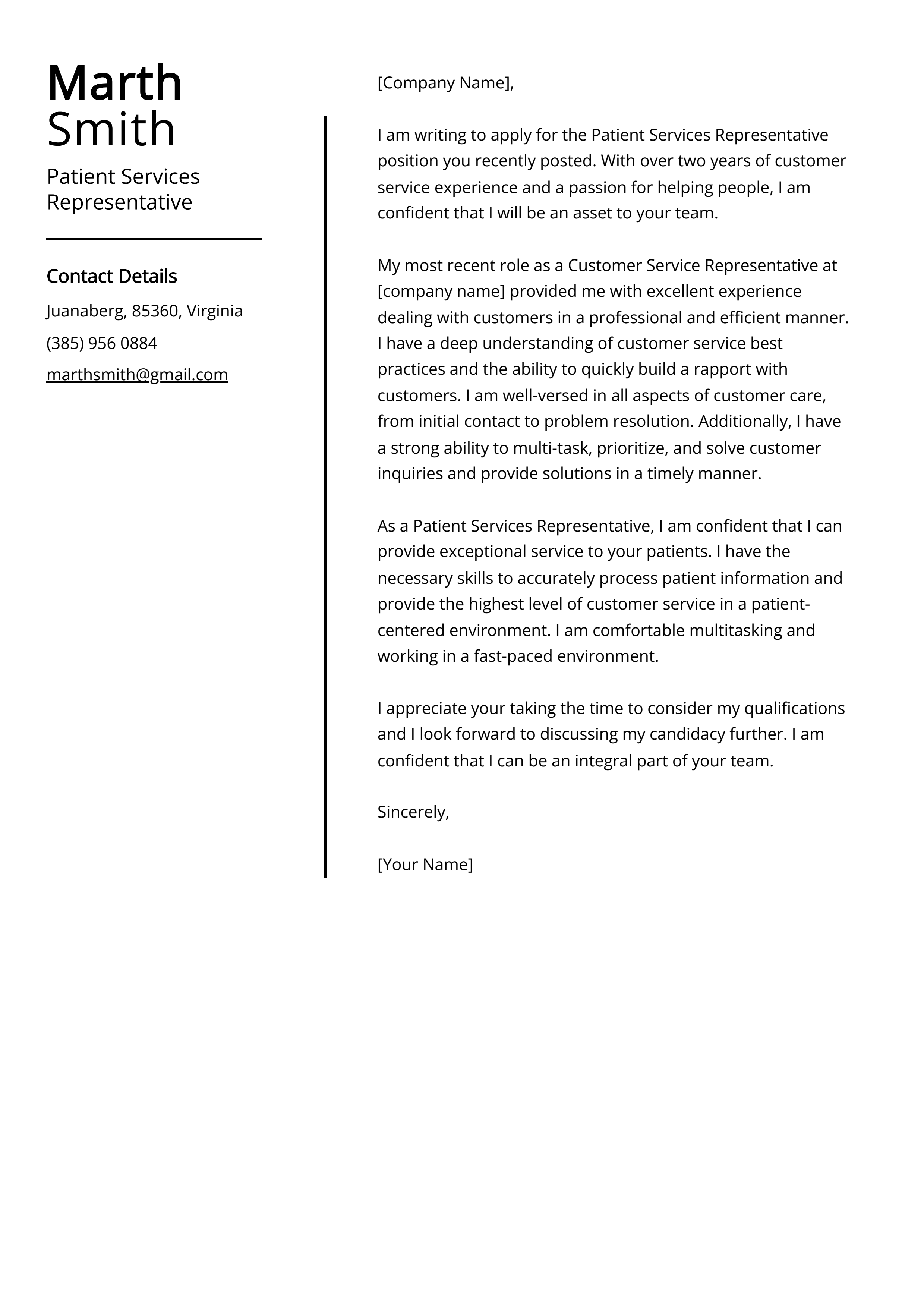 Patient Services Representative Cover Letter Example