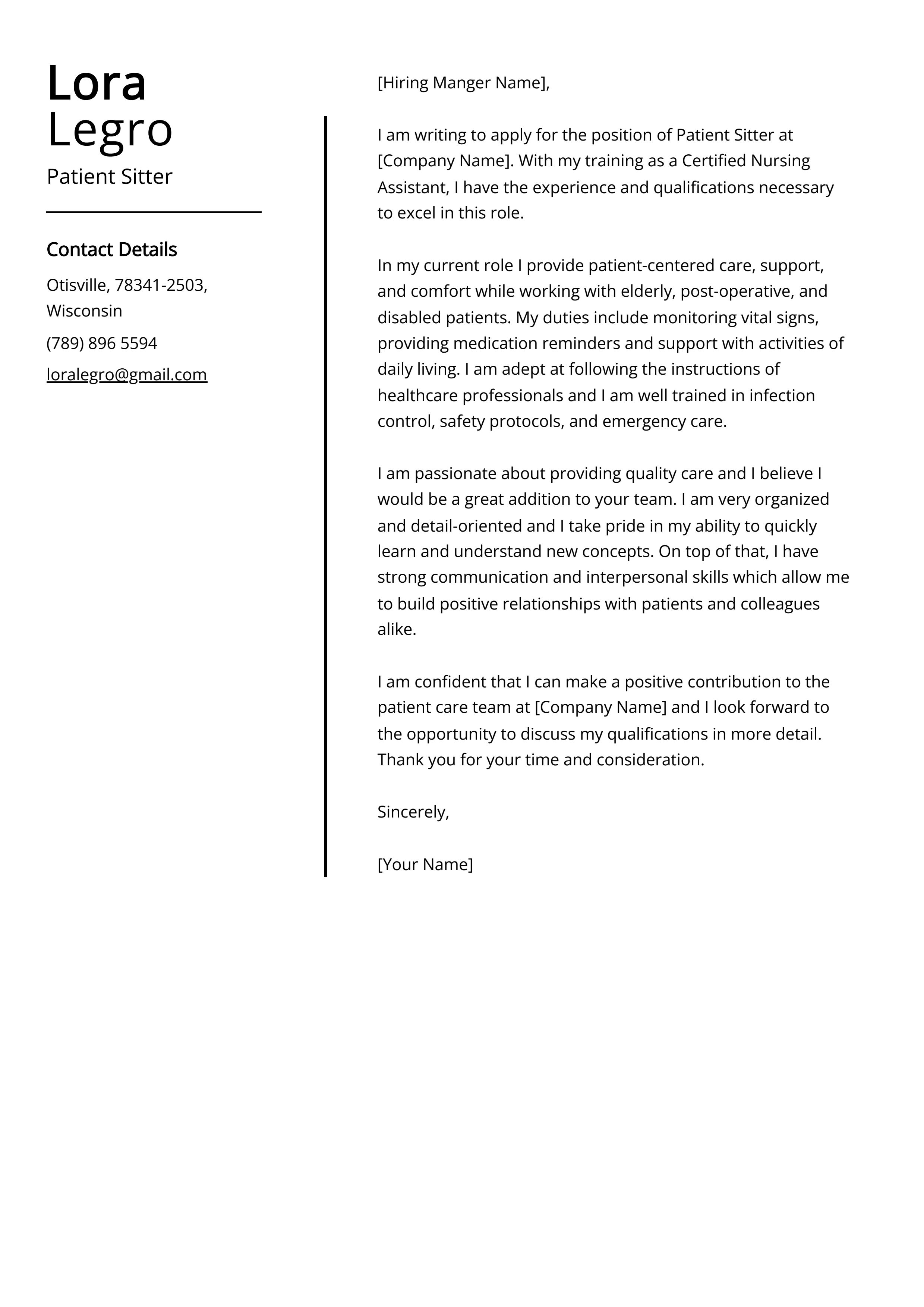 Patient Sitter Cover Letter Example