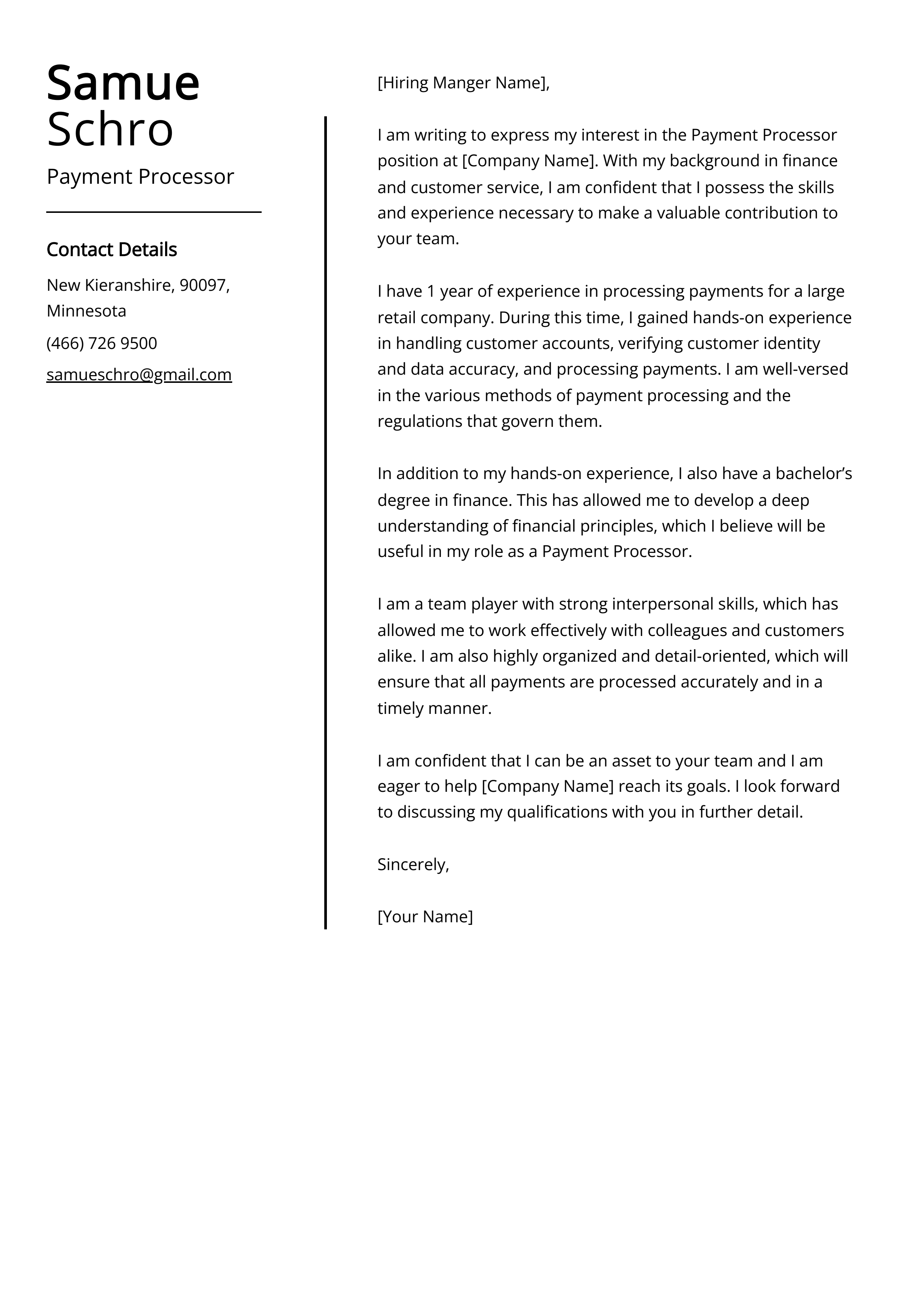 Payment Processor Cover Letter Example