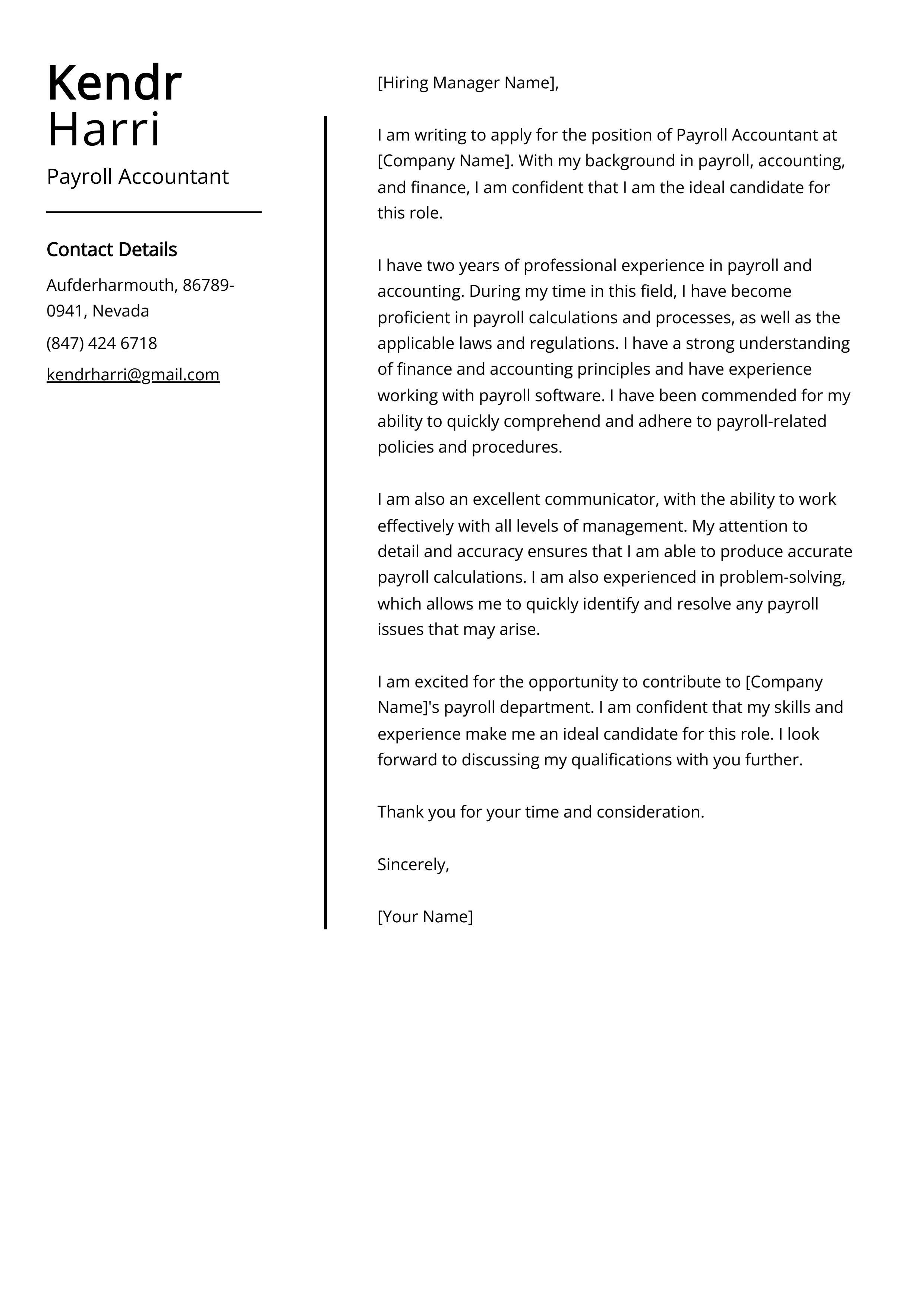 Payroll Accountant Cover Letter Example