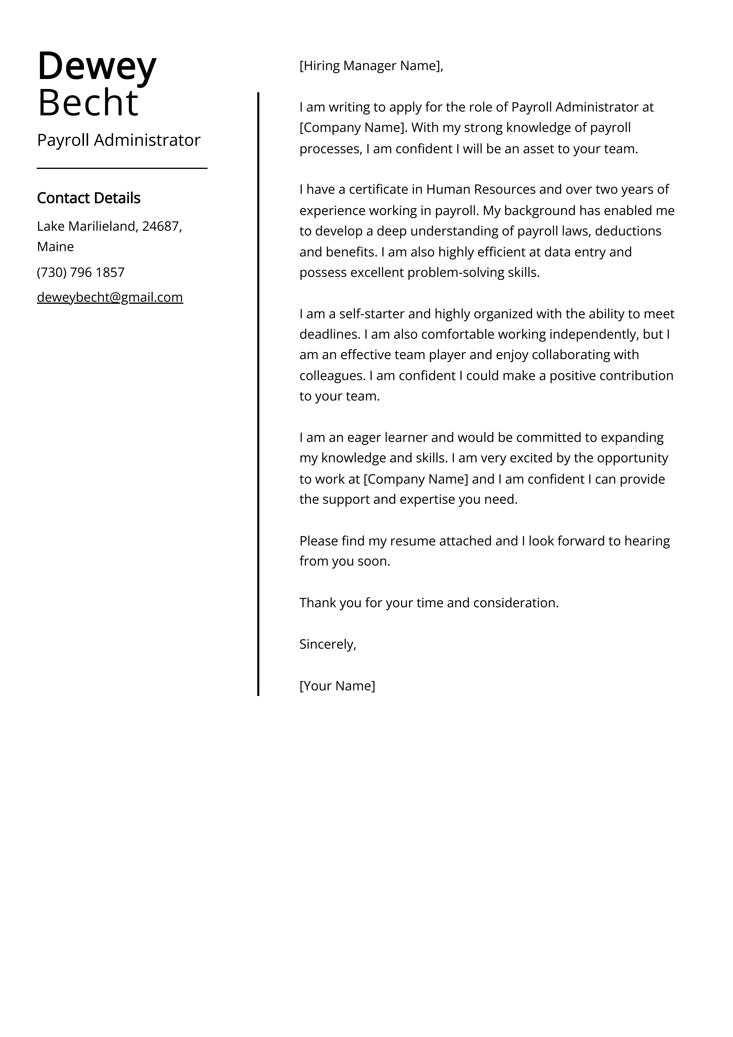 Payroll Administrator Cover Letter Example