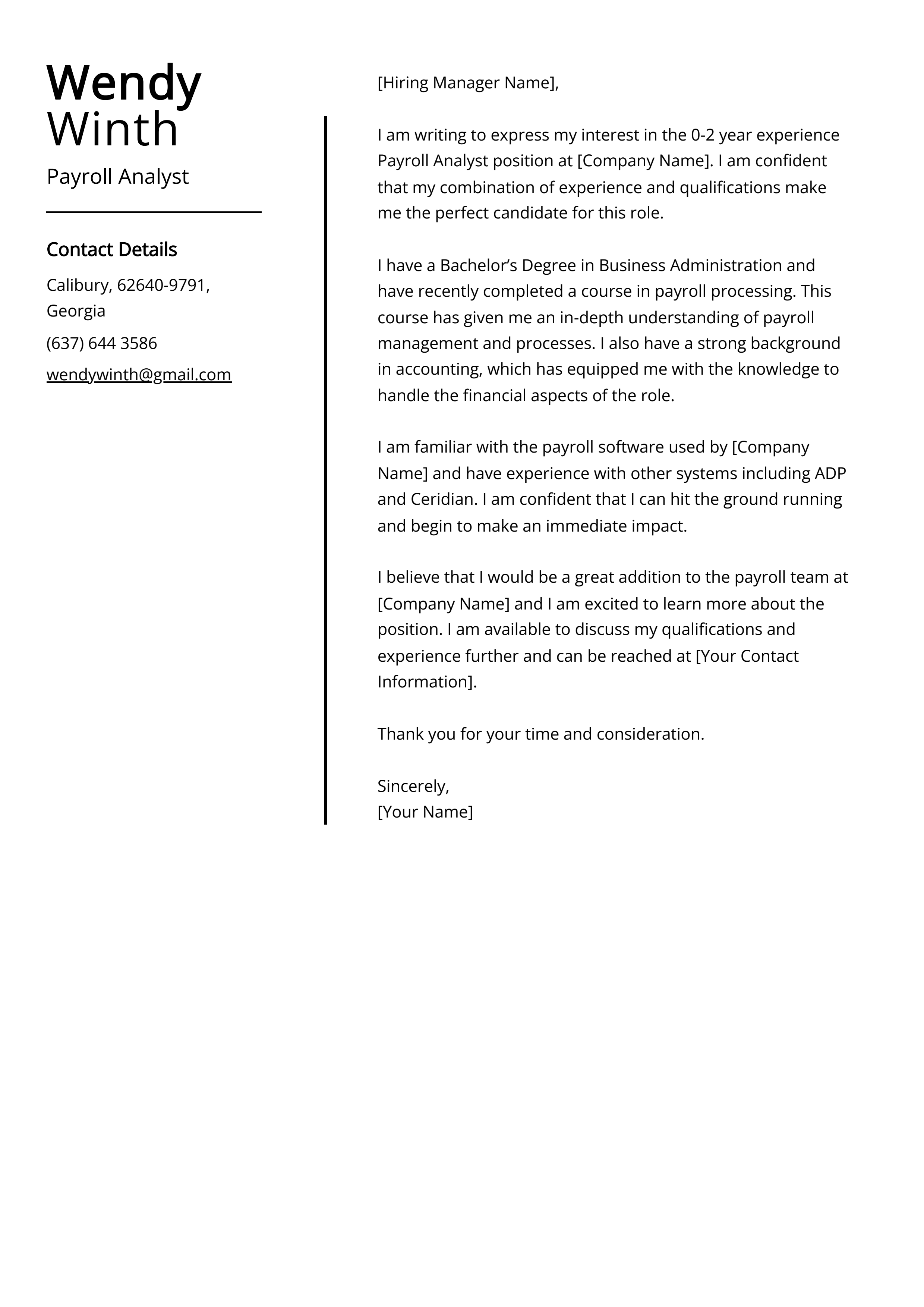 Payroll Analyst Cover Letter Example