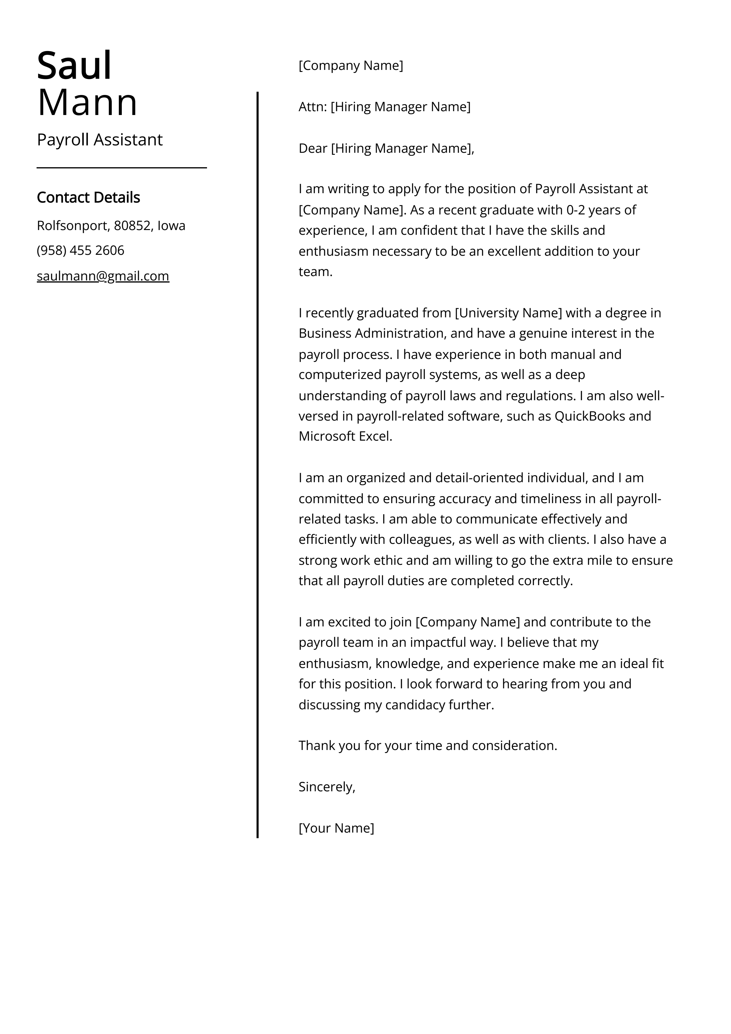 Payroll Assistant Cover Letter Example