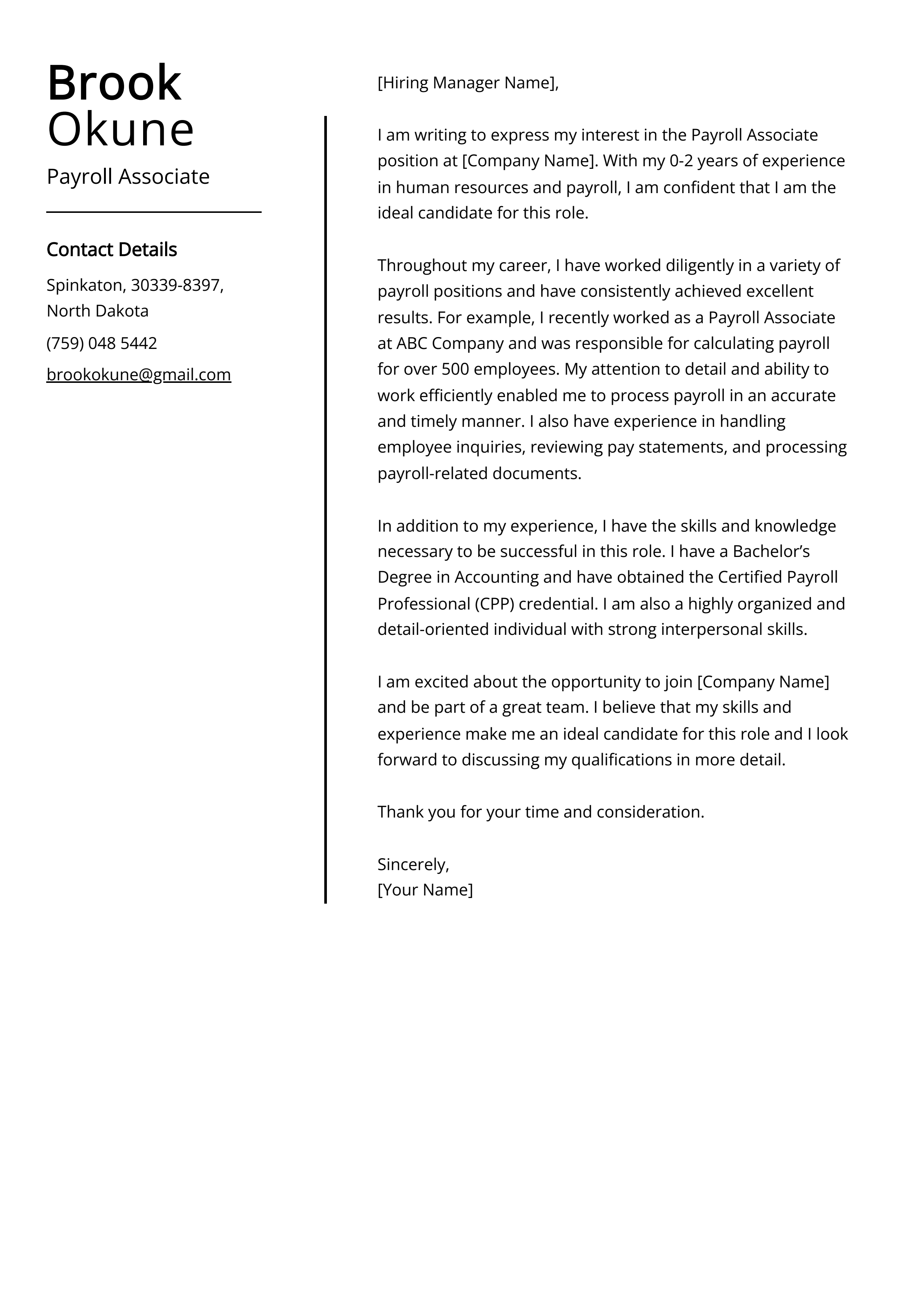 Payroll Associate Cover Letter Example