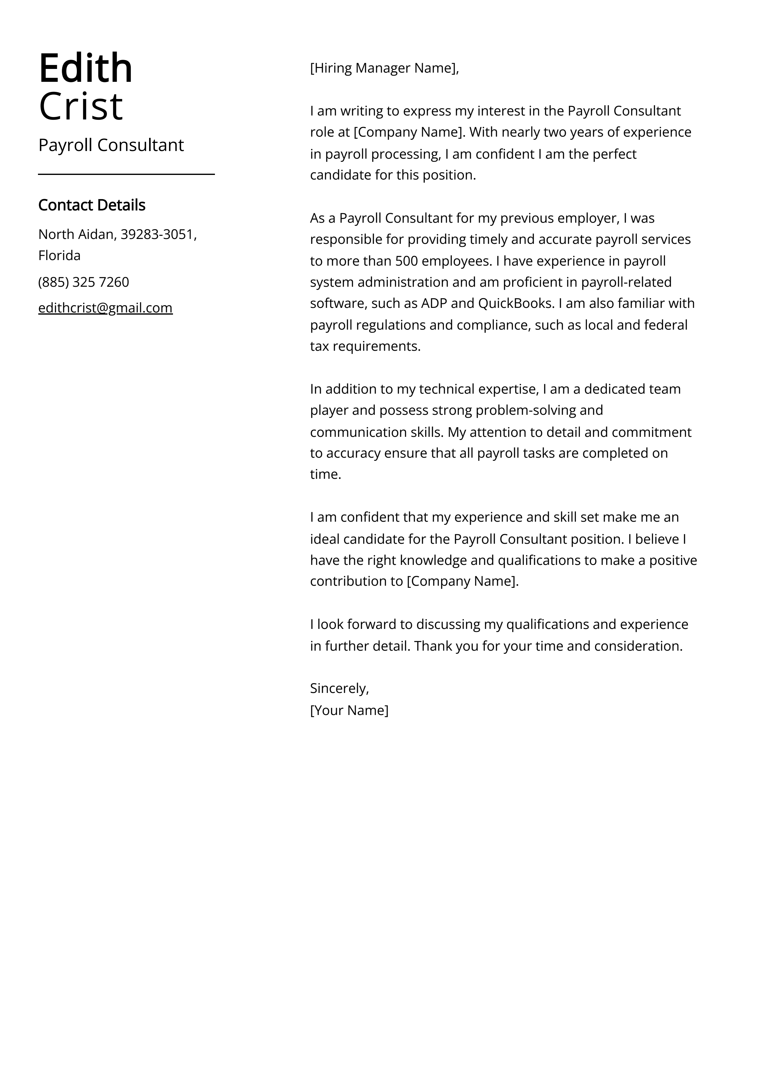 Payroll Consultant Cover Letter Example