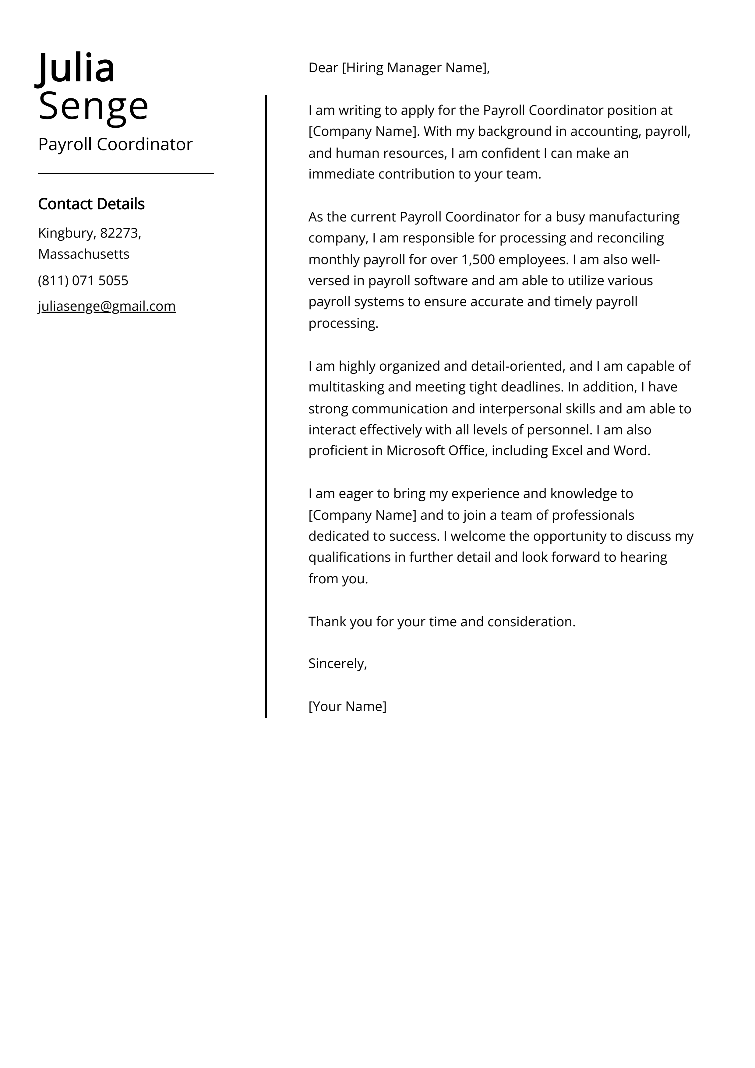 Payroll Coordinator Cover Letter Example