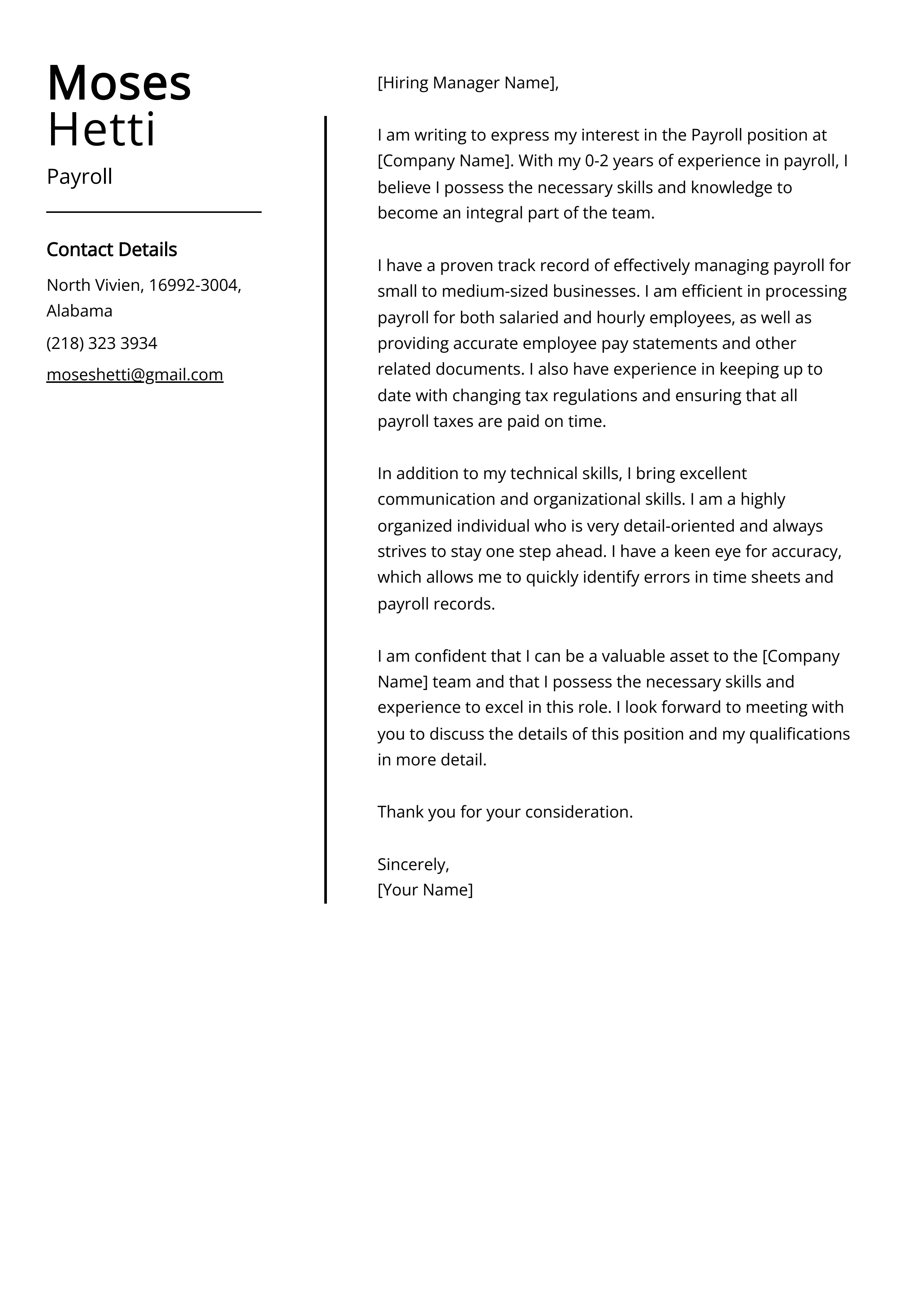 Payroll Cover Letter Example