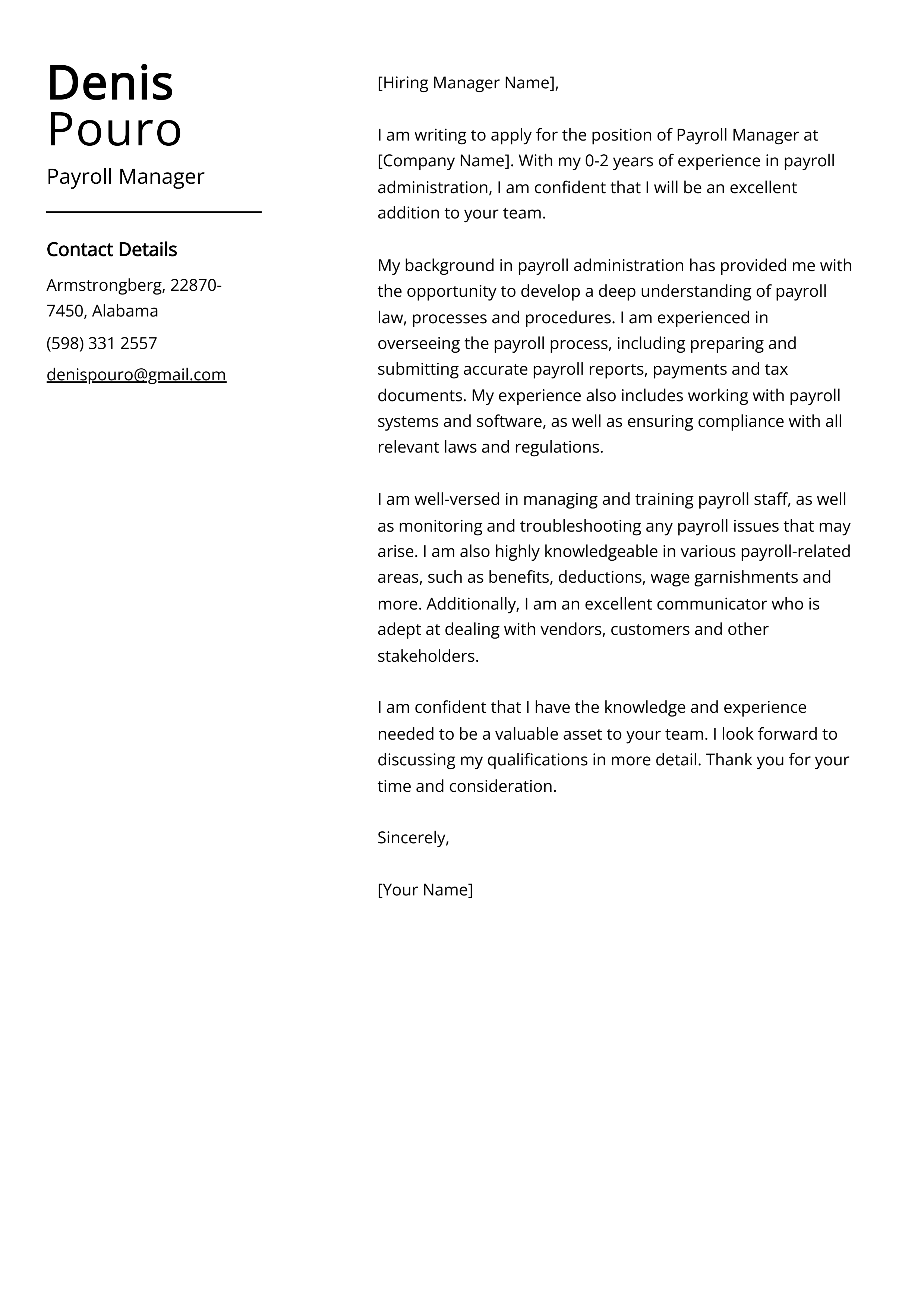 Payroll Manager Cover Letter Example