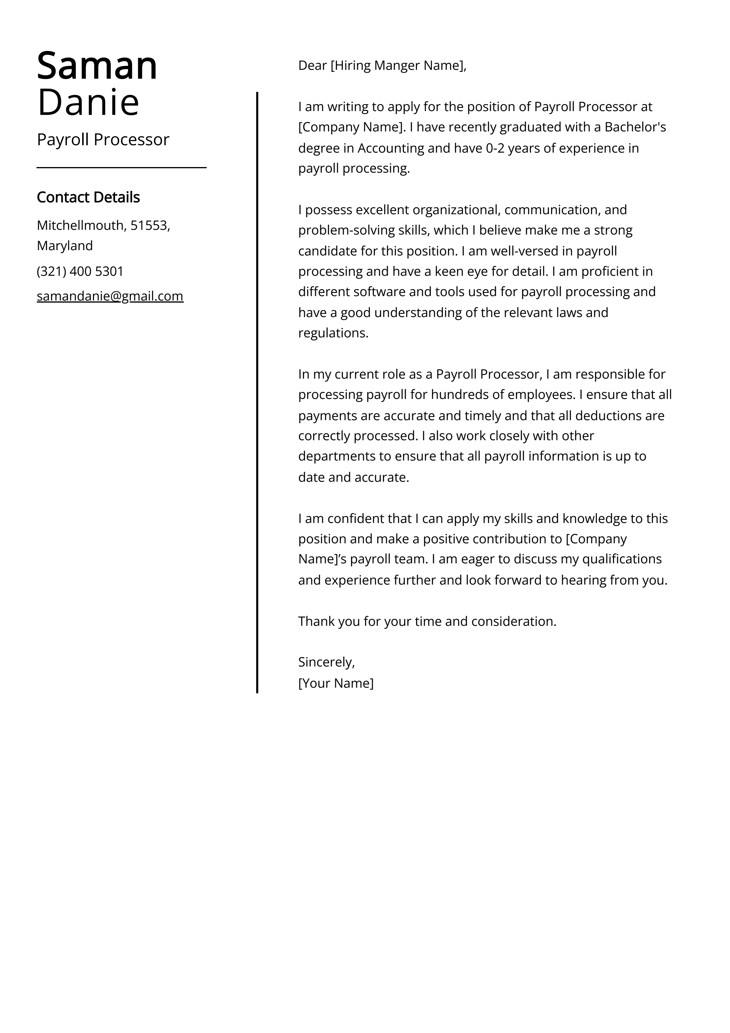 Payroll Processor Cover Letter Example