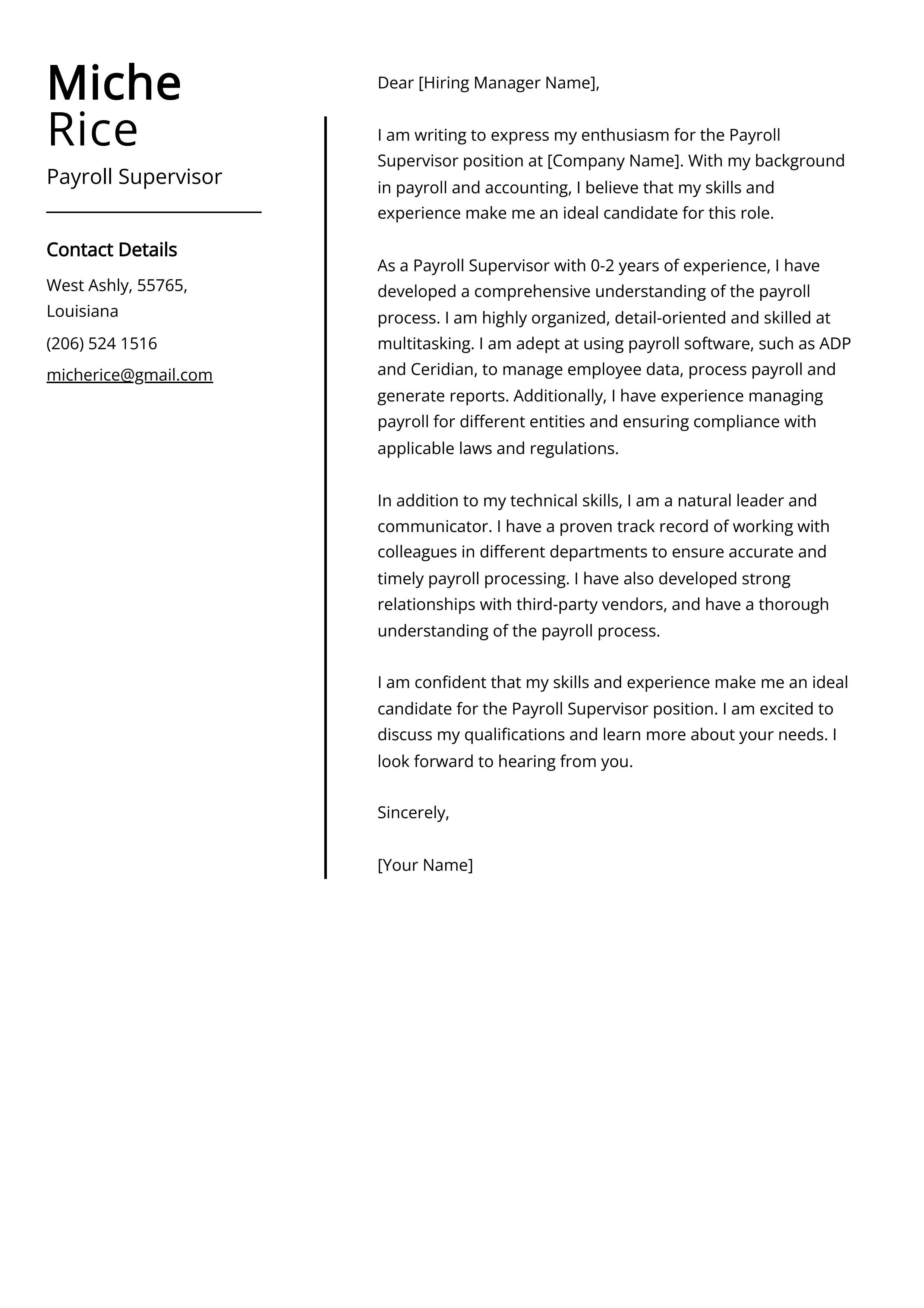 Payroll Supervisor Cover Letter Example