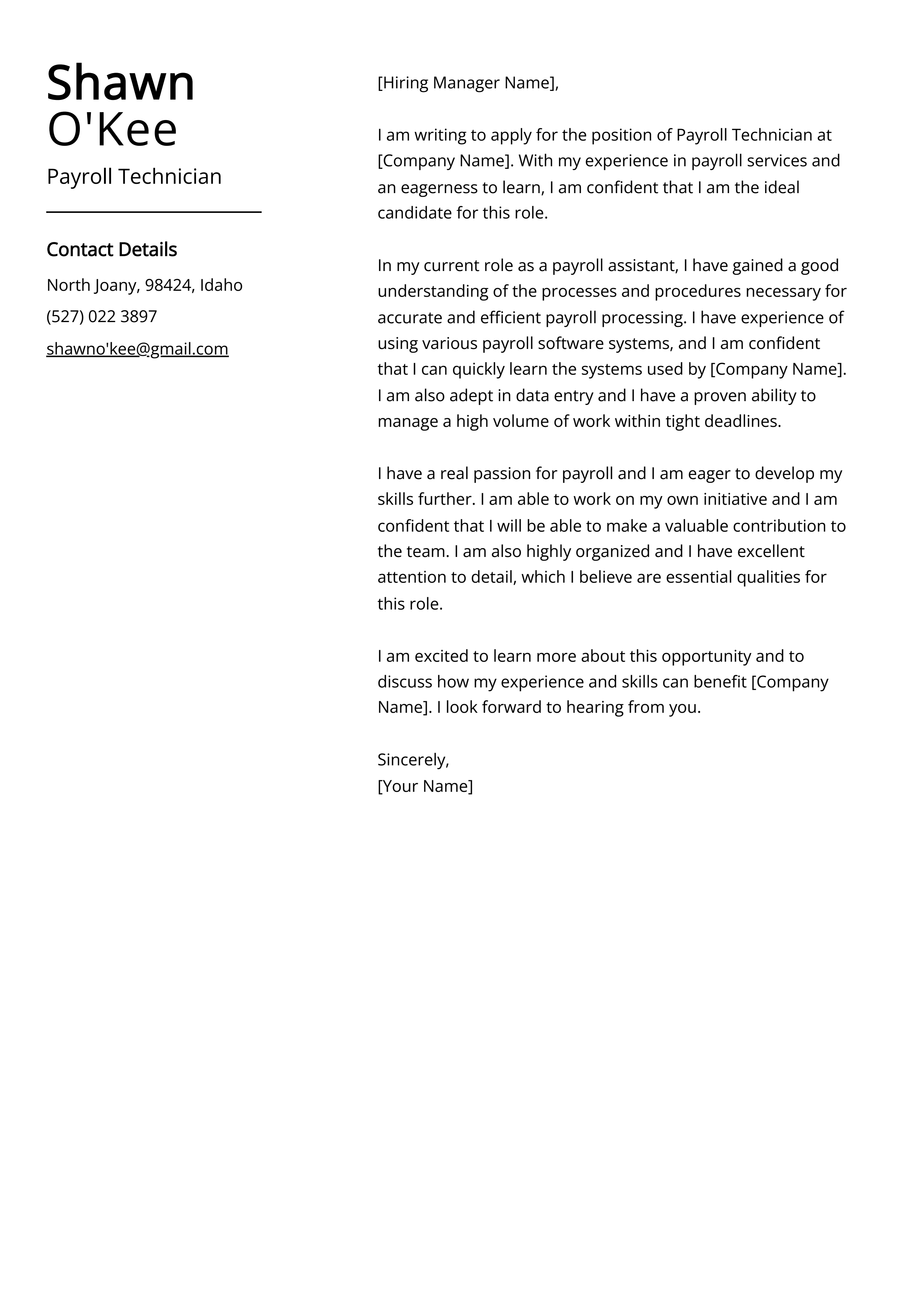 Payroll Technician Cover Letter Example