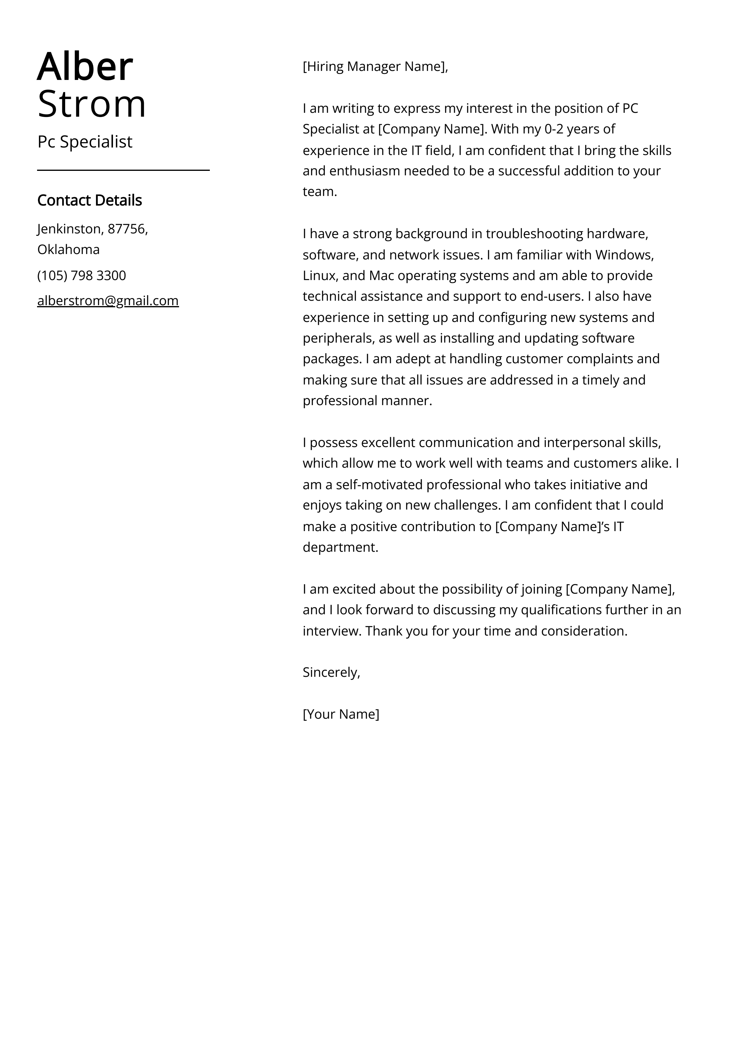 Pc Specialist Cover Letter Example