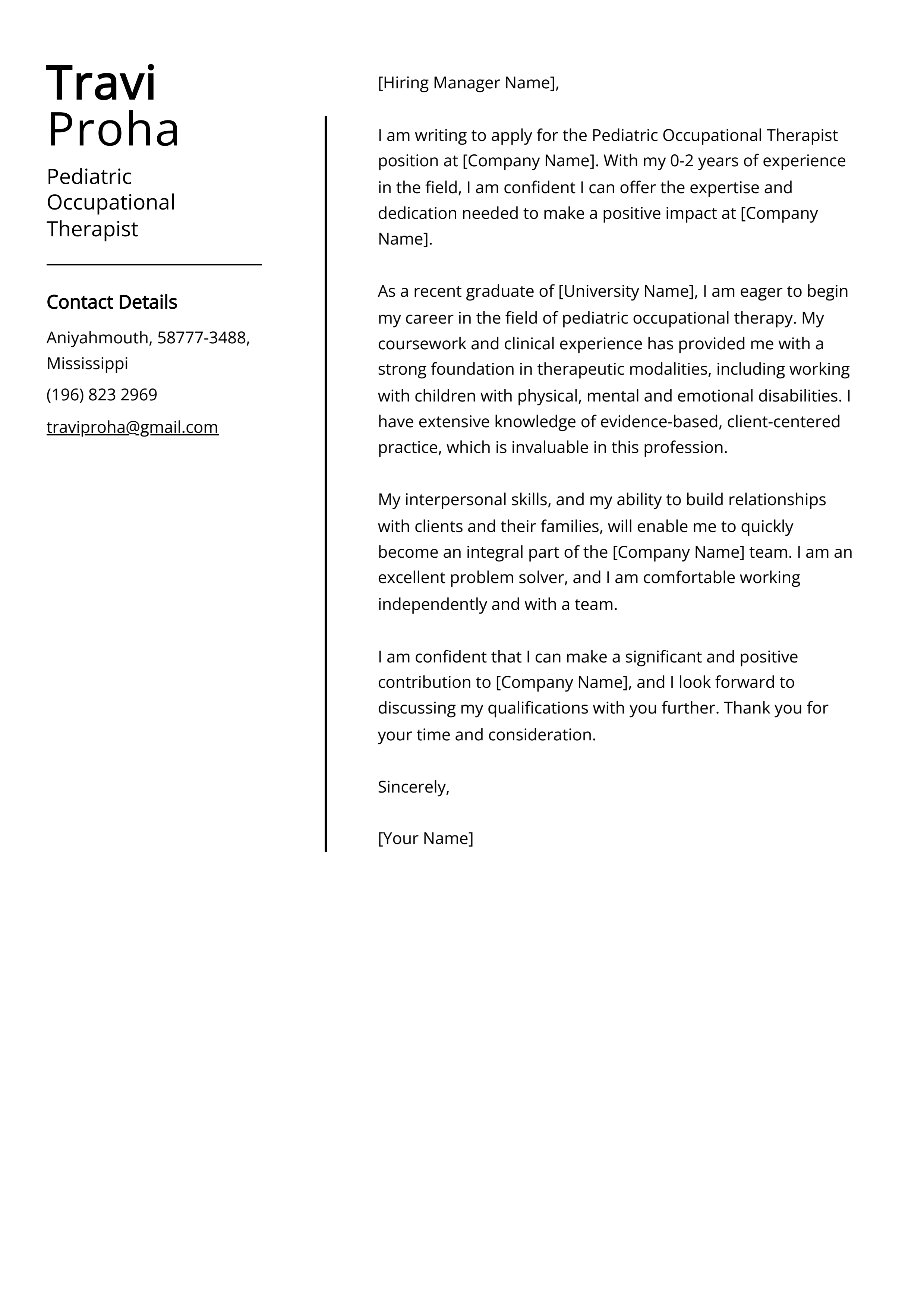 Pediatric Occupational Therapist Cover Letter Example