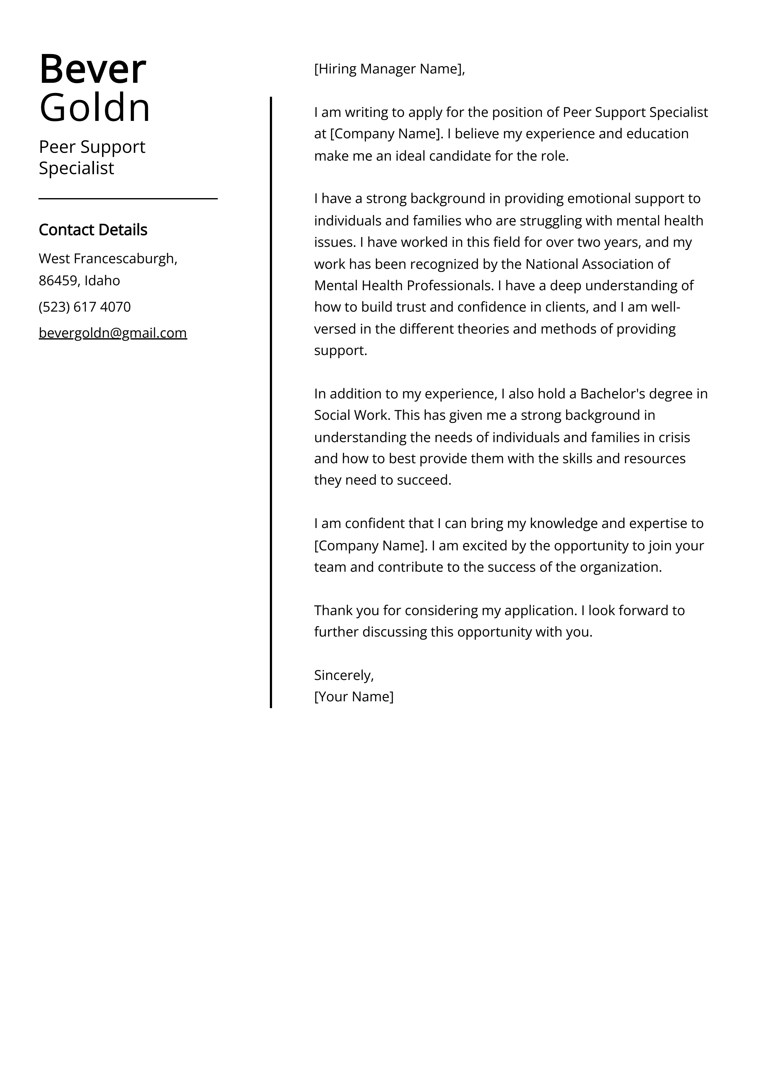 Peer Support Specialist Cover Letter Example