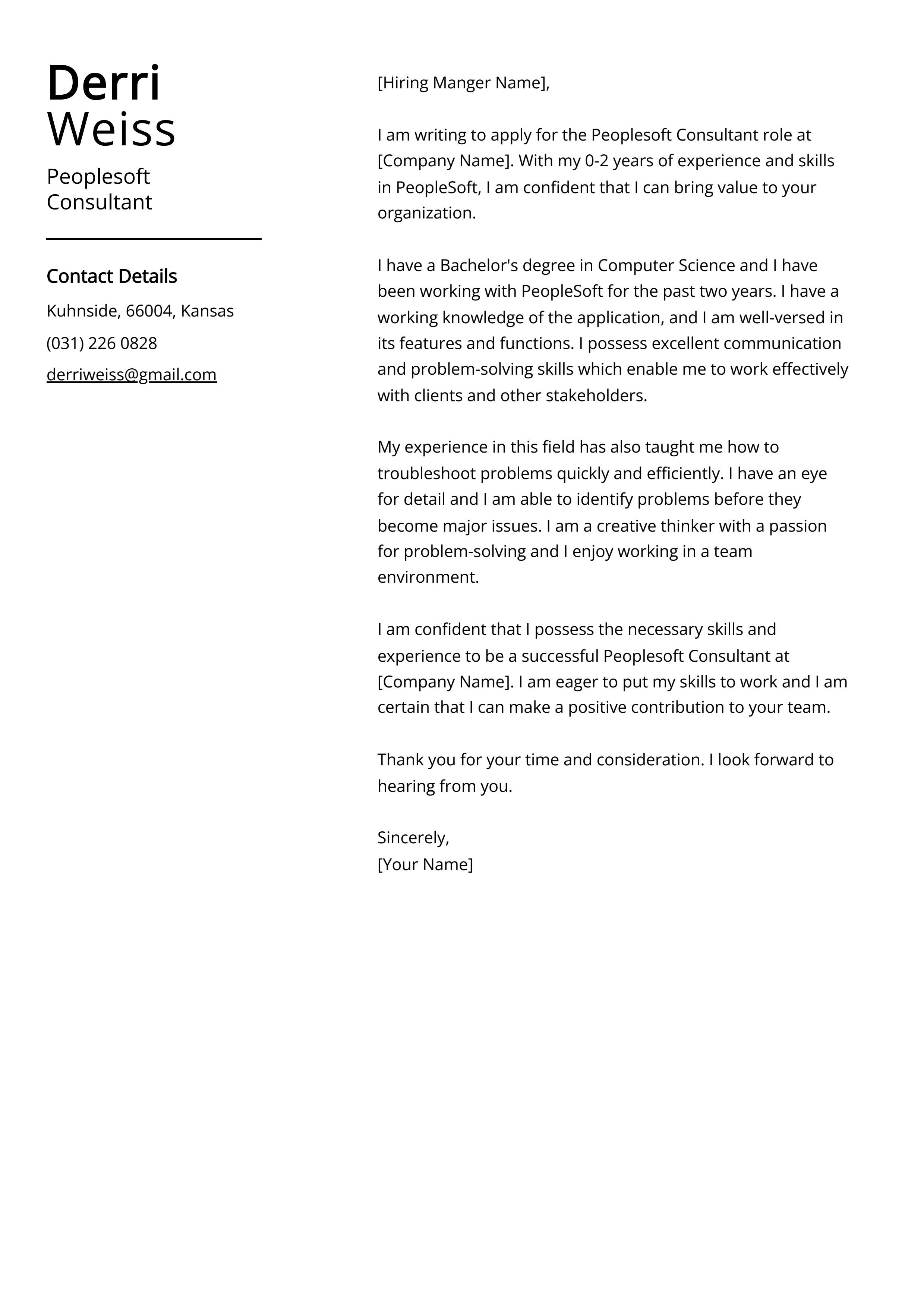 Peoplesoft Consultant Cover Letter Example