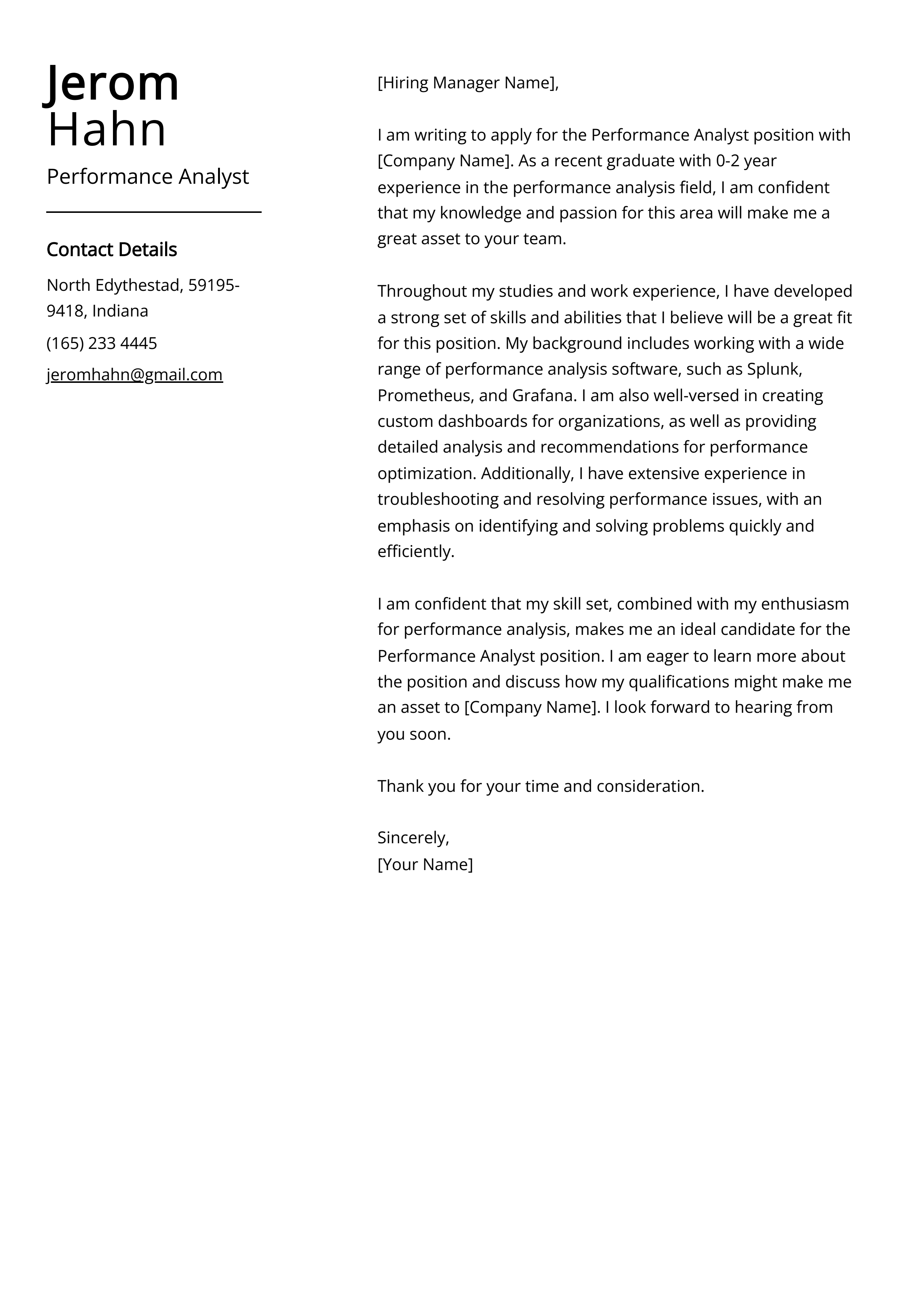 Performance Analyst Cover Letter Example