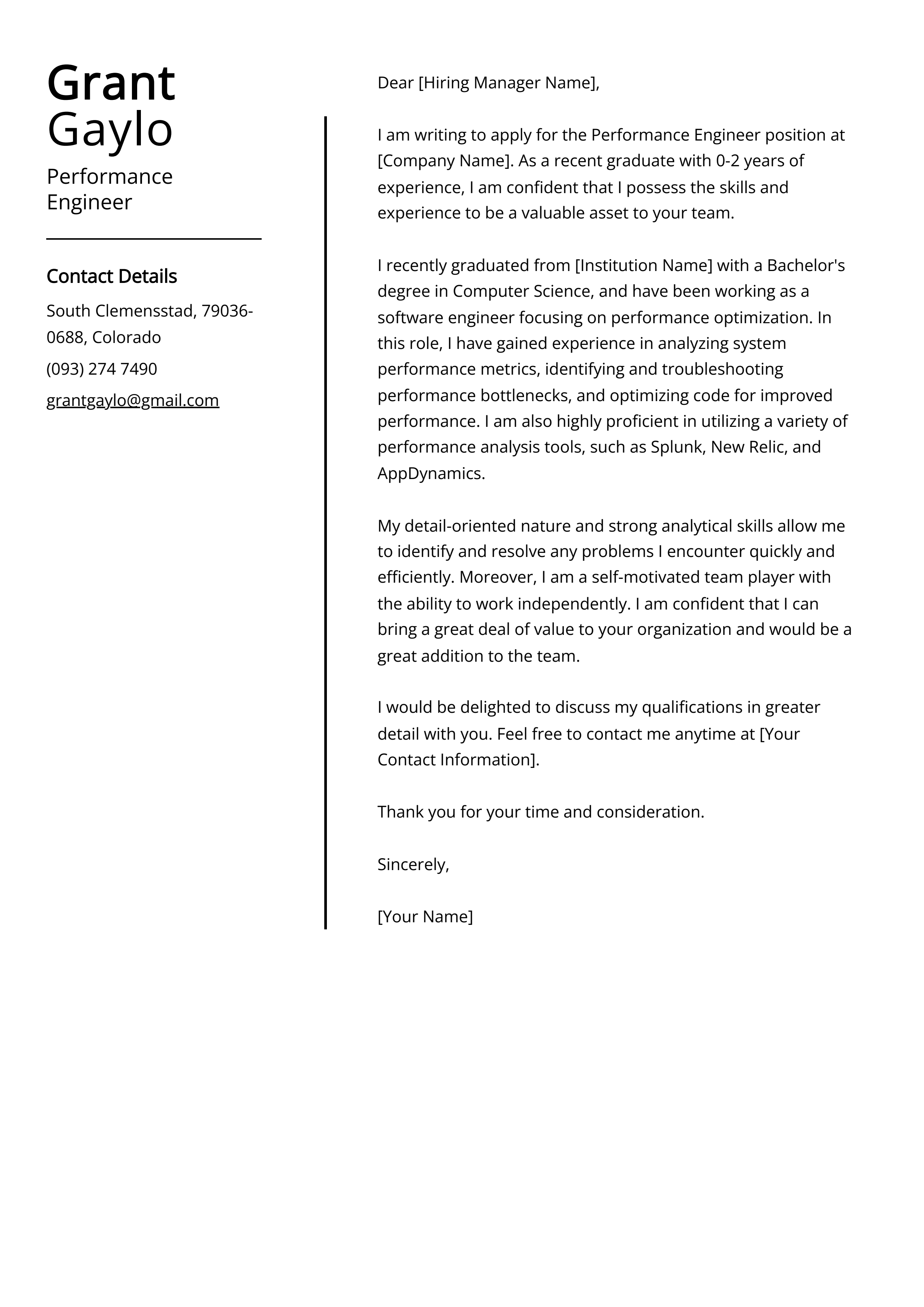 Performance Engineer Cover Letter Example