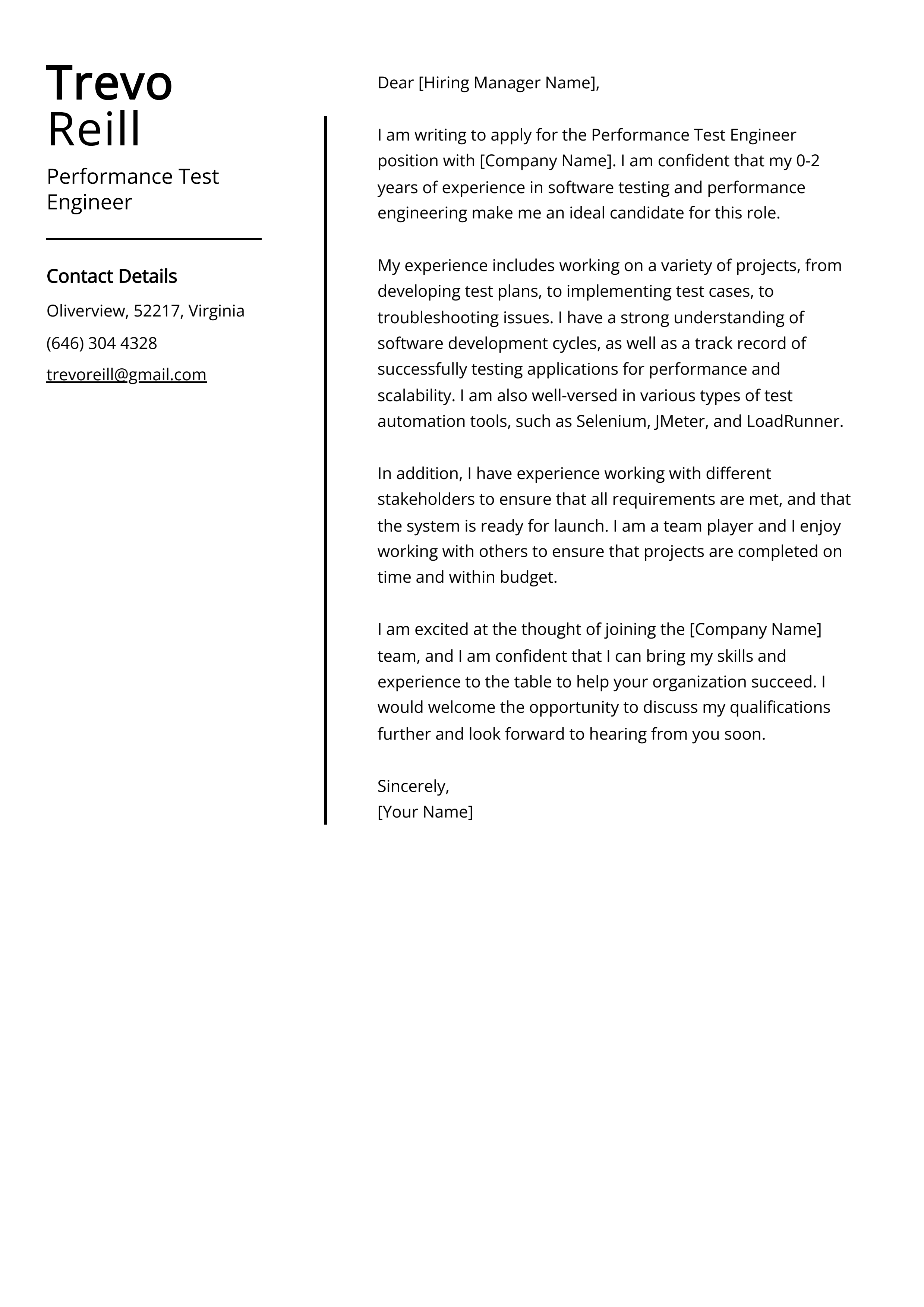 Performance Test Engineer Cover Letter Example